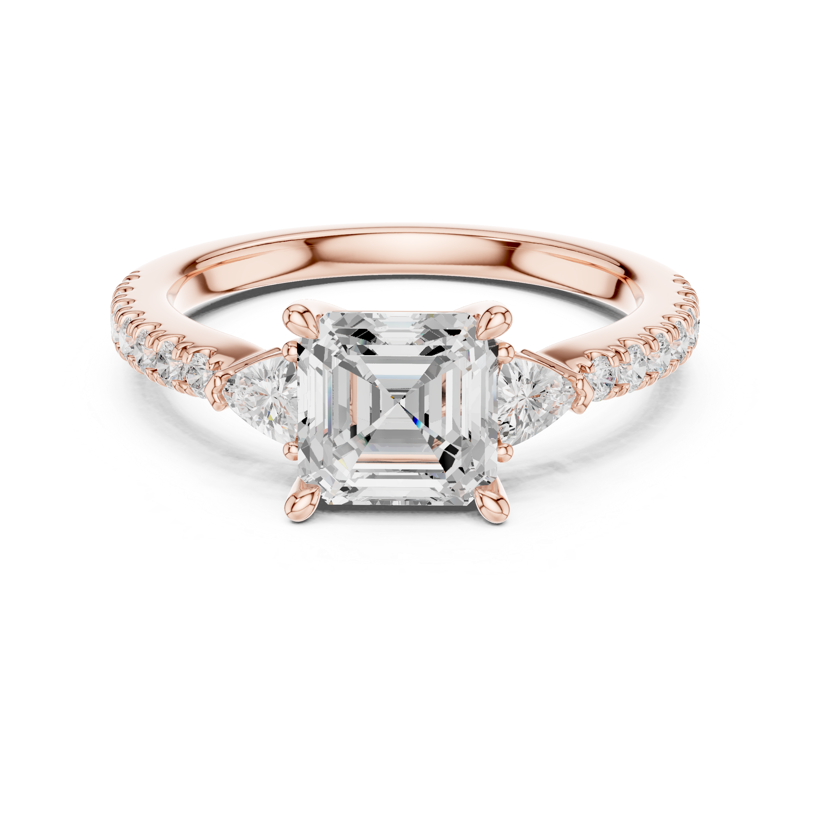 Asscher Cut Three-Stone Engagement Ring with Trillion Side Diamonds and Pavé Band – 1.96 CT Total Weight