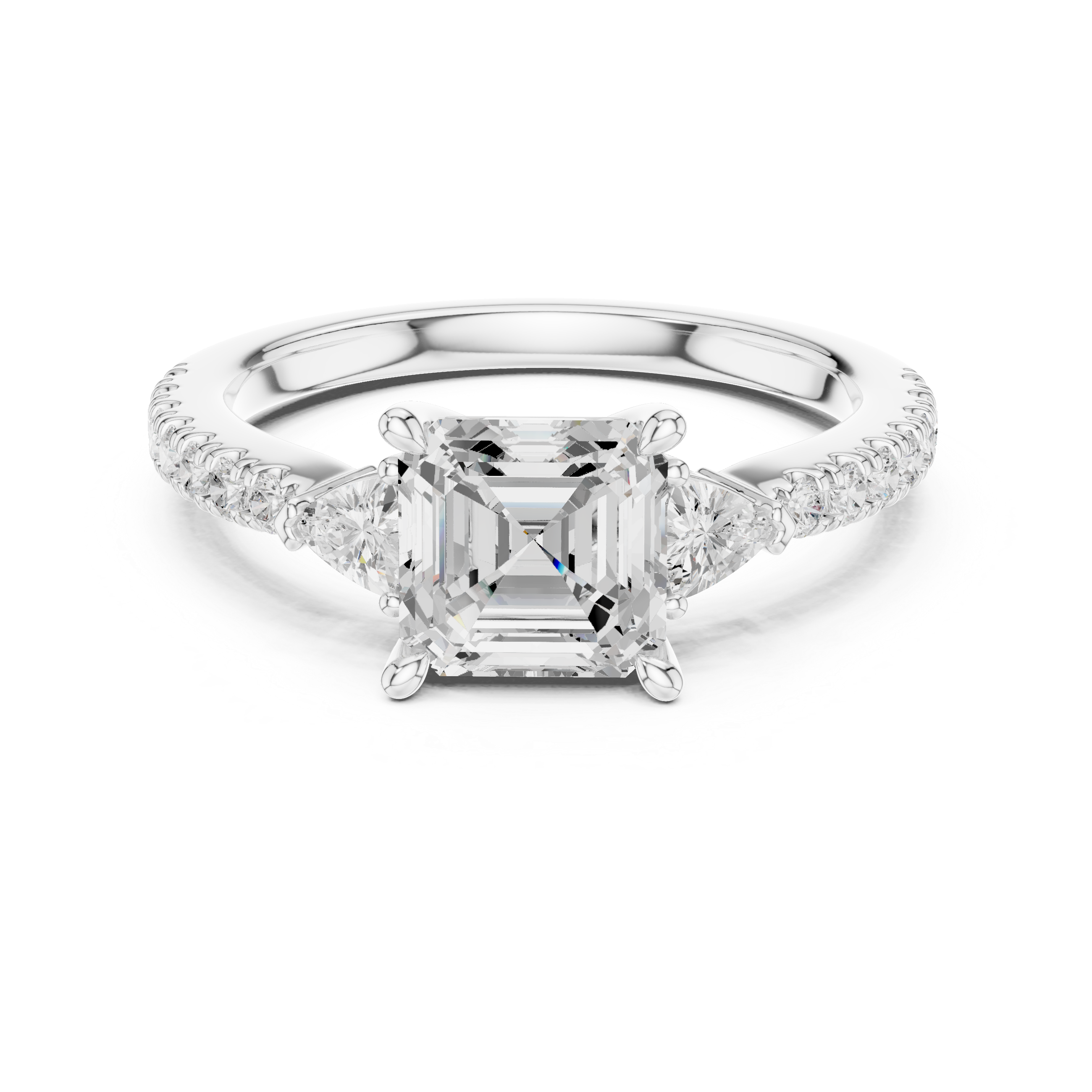 Asscher Cut Three-Stone Engagement Ring with Trillion Side Diamonds and Pavé Band – 1.96 CT Total Weight