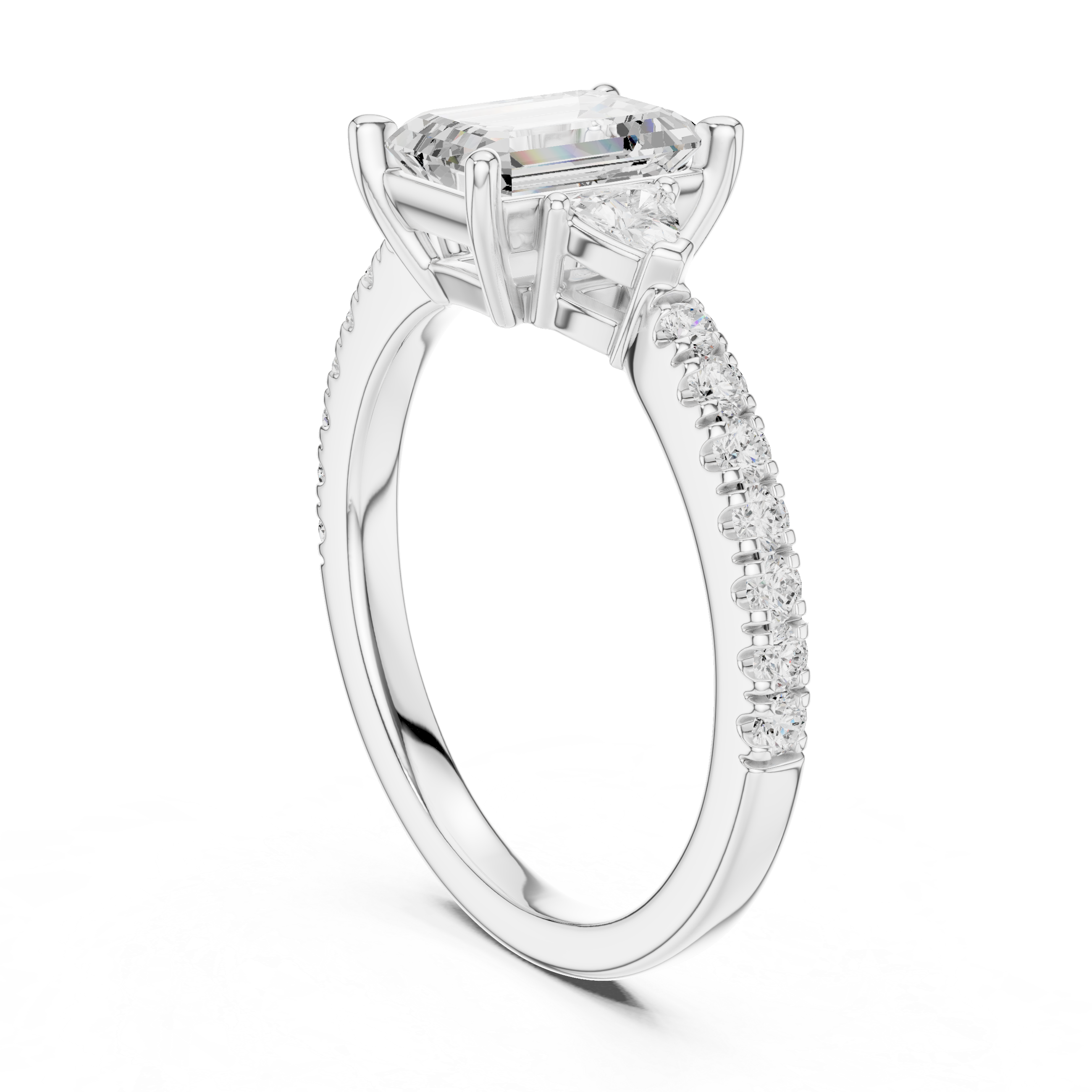 Emerald Cut Three-Stone Engagement Ring with Trillion Side Diamonds and Pavé Band – 1.96 CT Total Weight