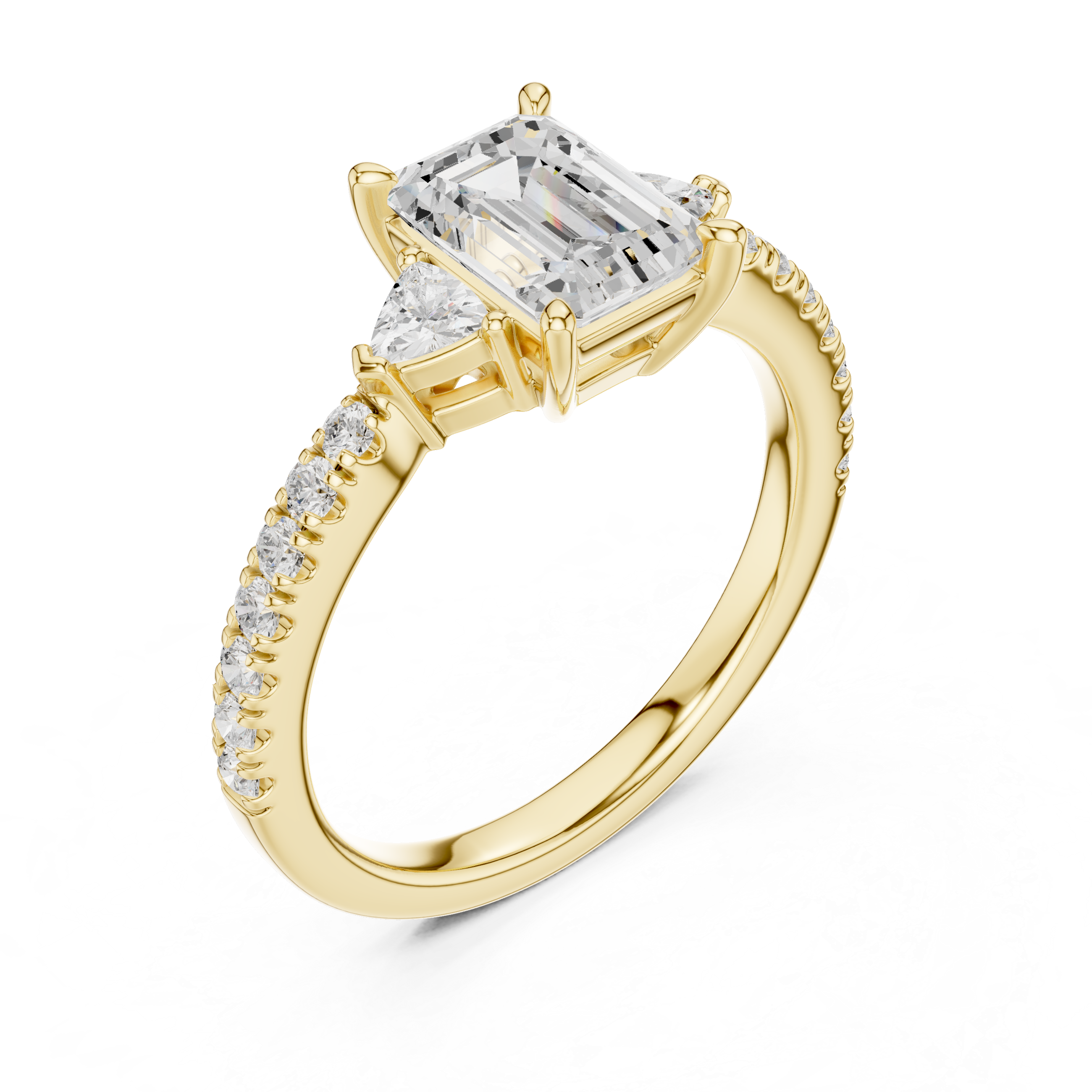 Emerald Cut Three-Stone Engagement Ring with Trillion Side Diamonds and Pavé Band – 1.96 CT Total Weight