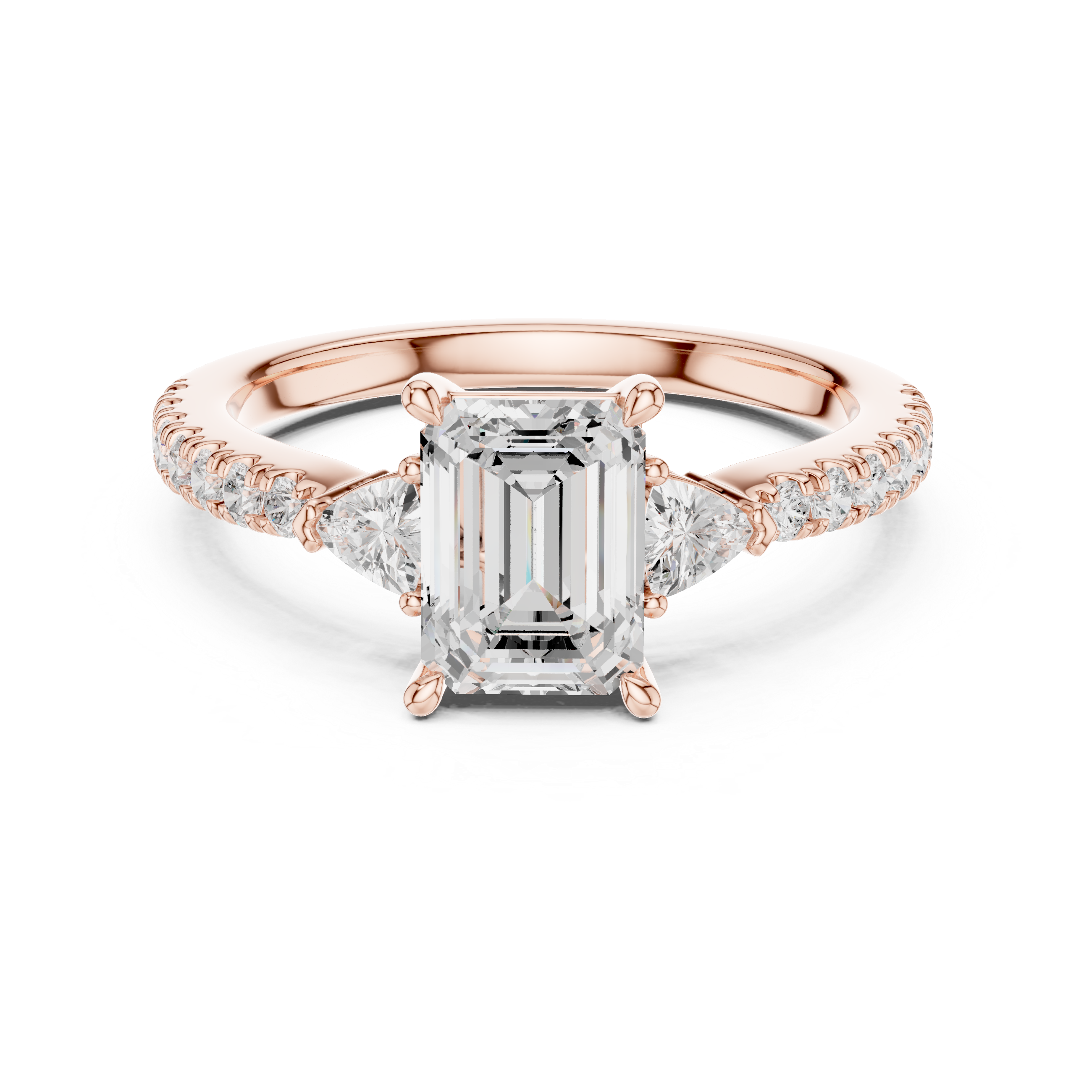 Emerald Cut Three-Stone Engagement Ring with Trillion Side Diamonds and Pavé Band – 1.96 CT Total Weight