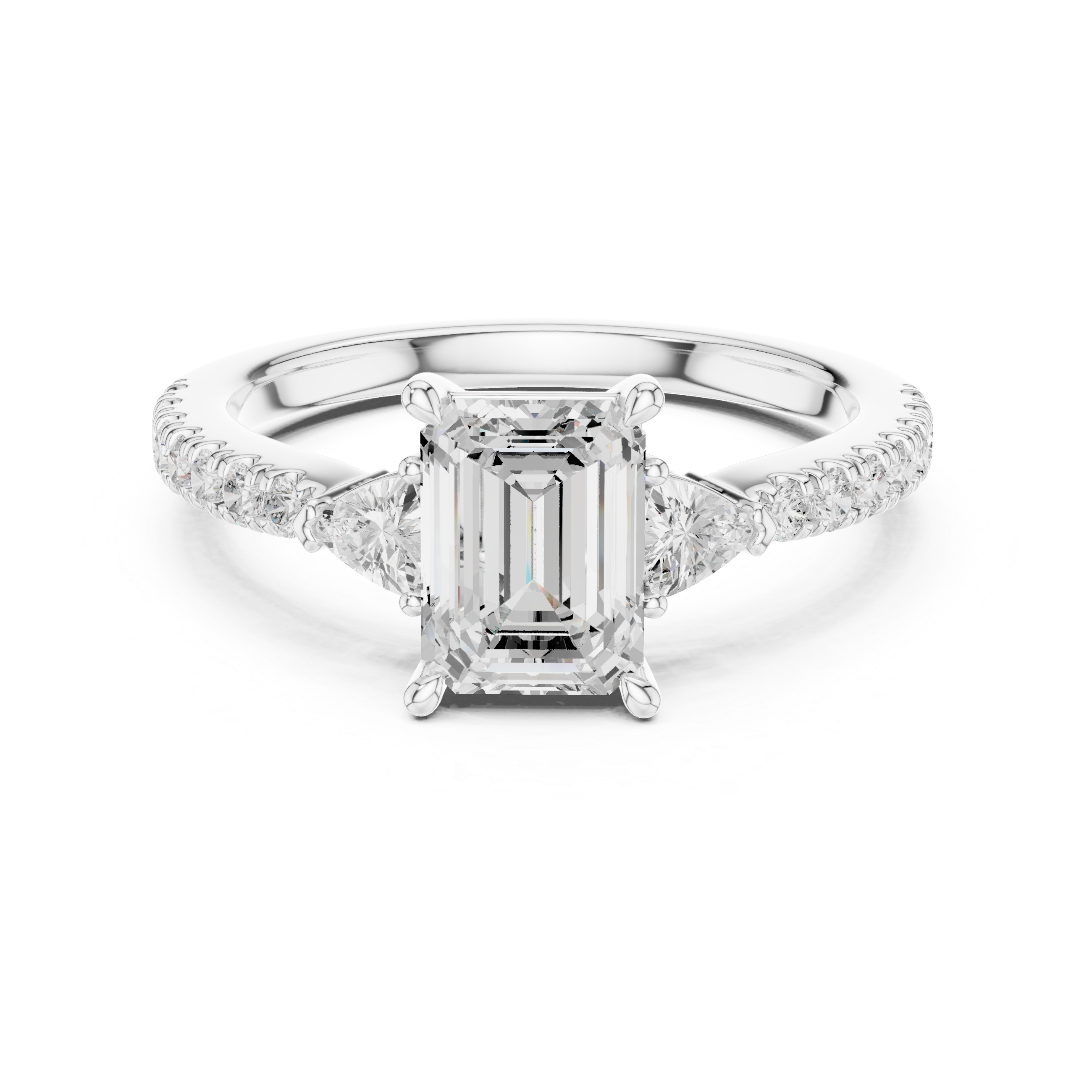 Emerald Cut Three-Stone Engagement Ring with Trillion Side Diamonds and Pavé Band – 1.96 CT Total Weight
