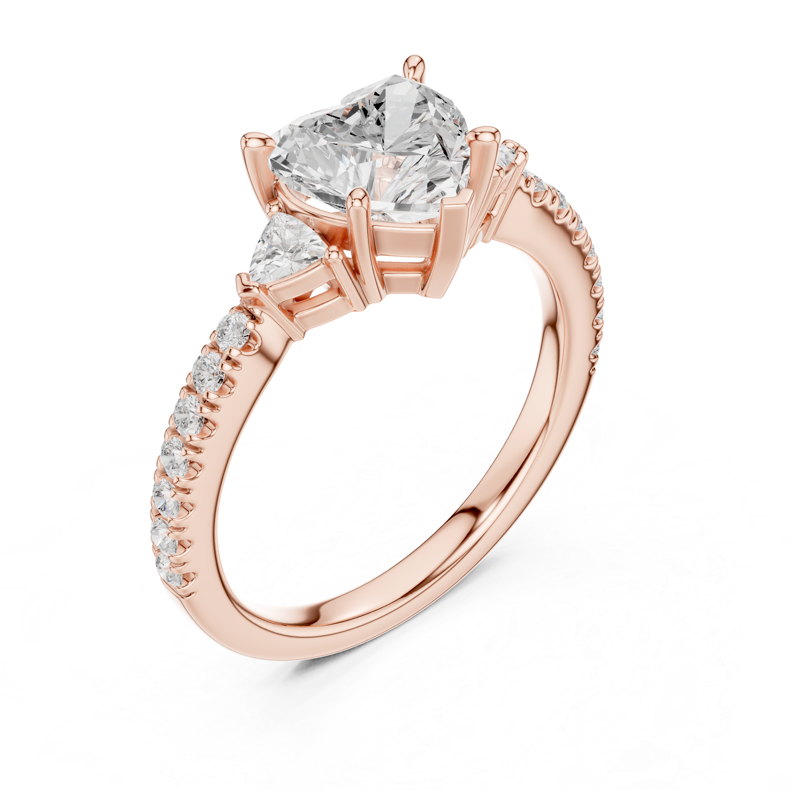Heart Cut Three-Stone Engagement Ring with Trillion Side Diamonds and Pavé Band – 1.96 CT Total Weight