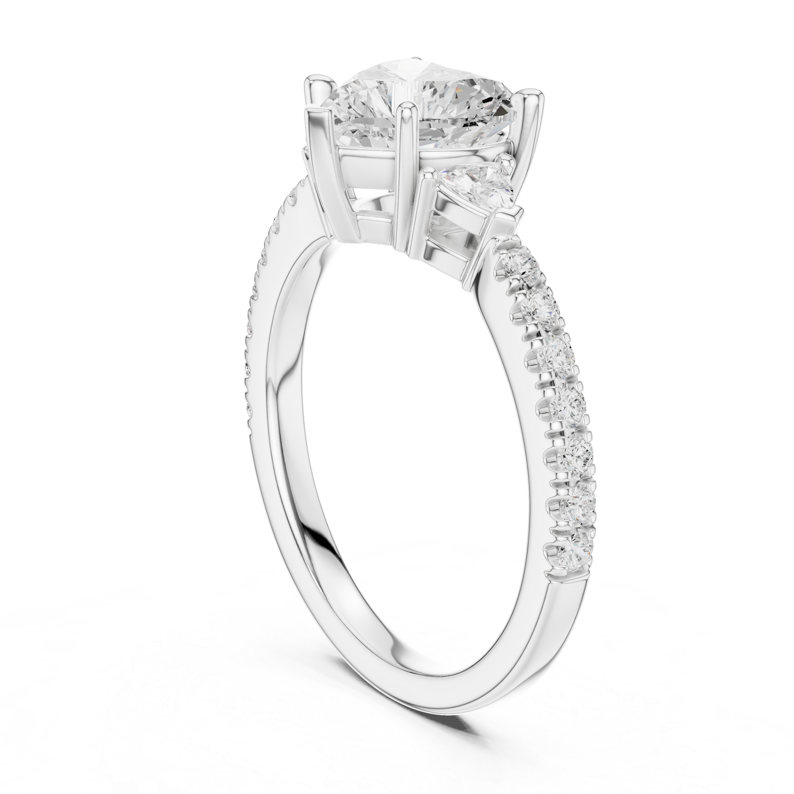 Heart Cut Three-Stone Engagement Ring with Trillion Side Diamonds and Pavé Band – 1.96 CT Total Weight