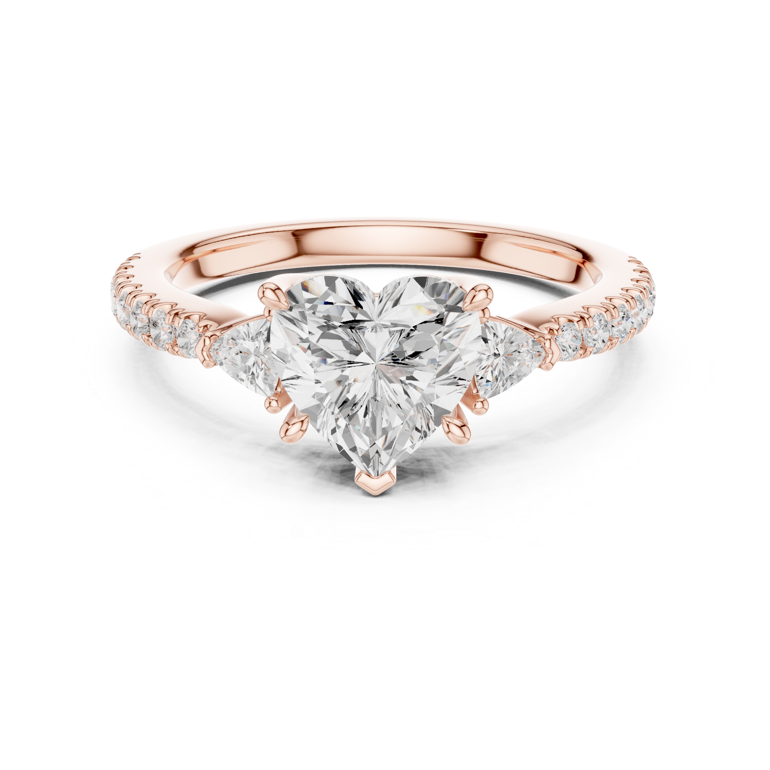 Heart Cut Three-Stone Engagement Ring with Trillion Side Diamonds and Pavé Band – 1.96 CT Total Weight