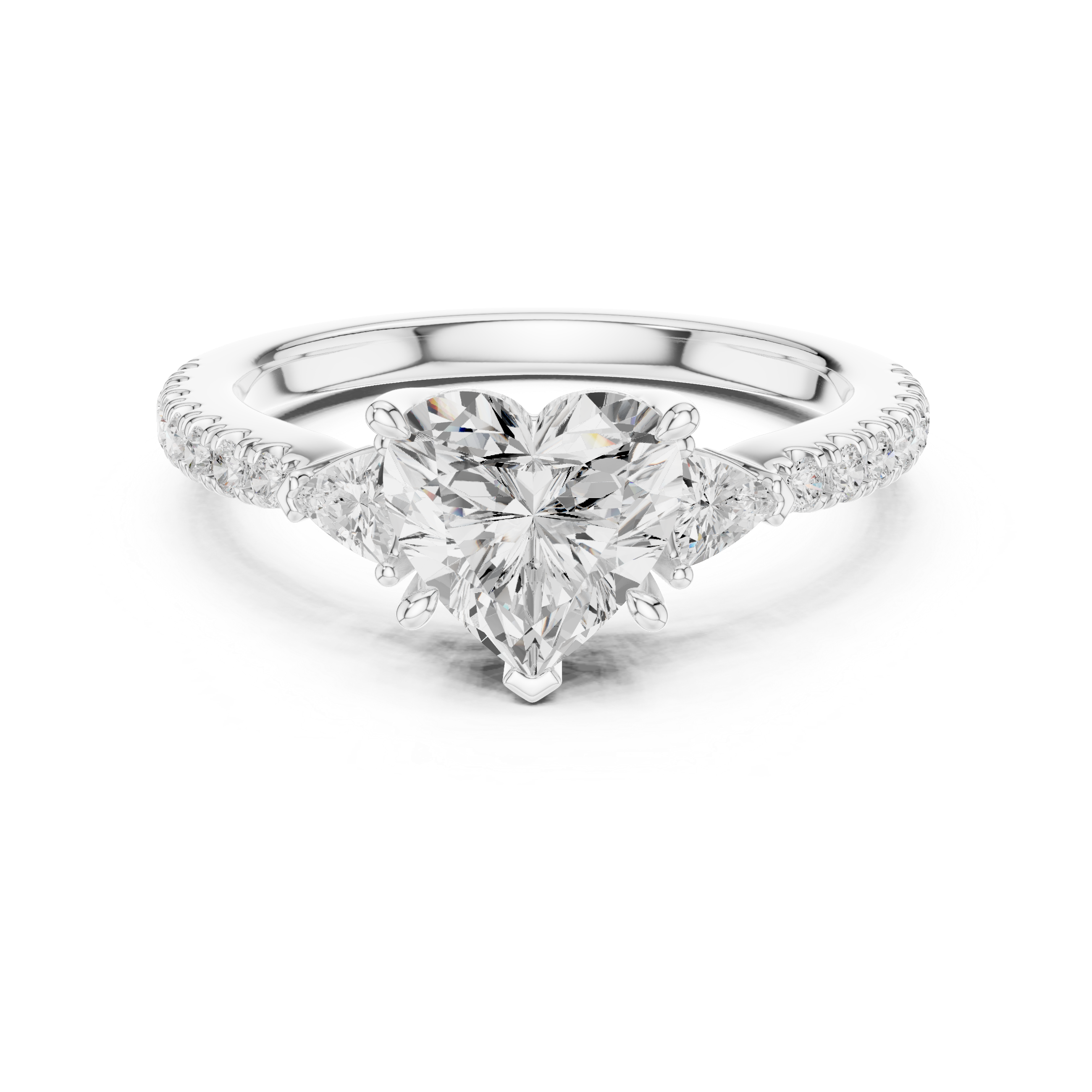 Heart Cut Three-Stone Engagement Ring with Trillion Side Diamonds and Pavé Band – 1.96 CT Total Weight
