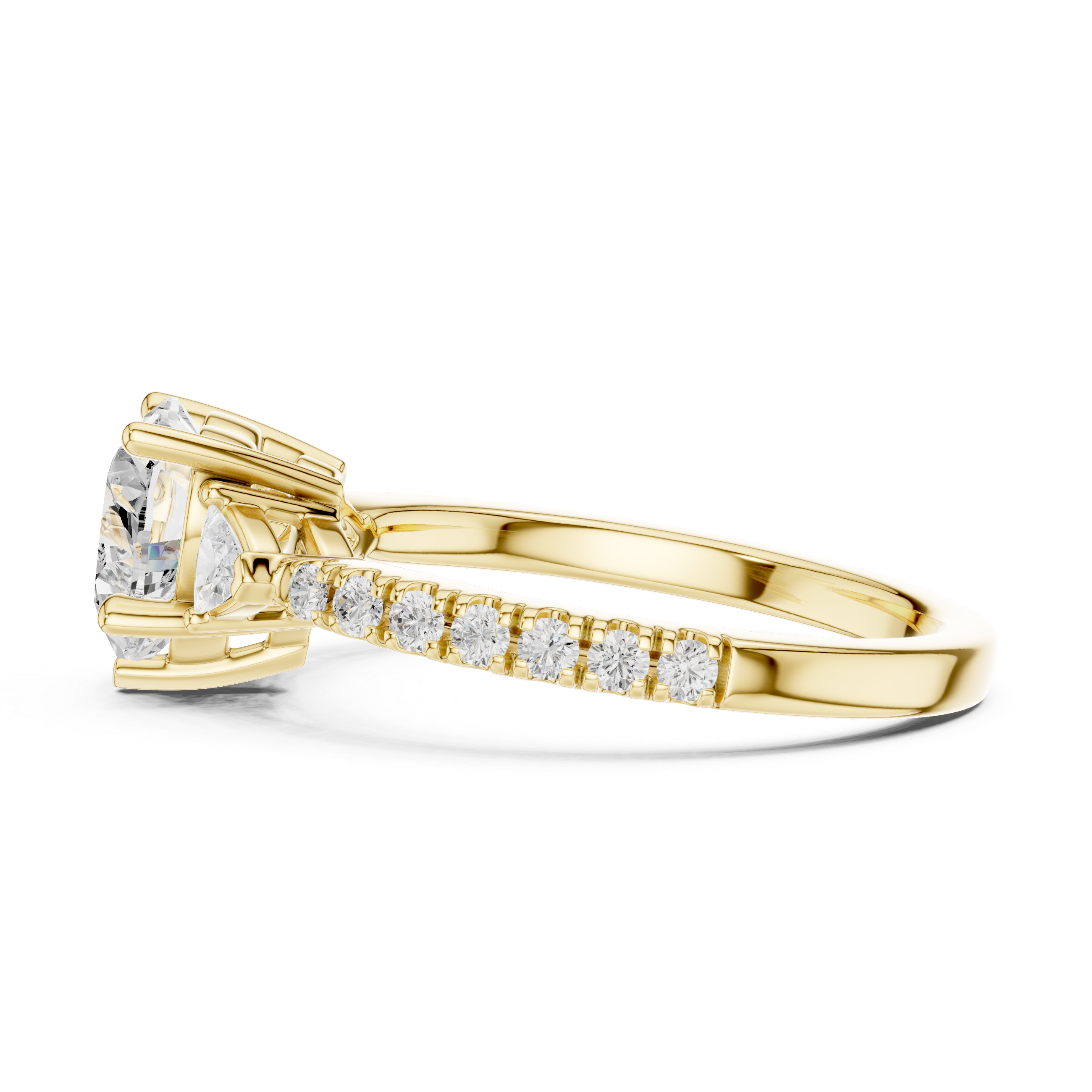 Heart Cut Three-Stone Engagement Ring with Trillion Side Diamonds and Pavé Band – 1.96 CT Total Weight