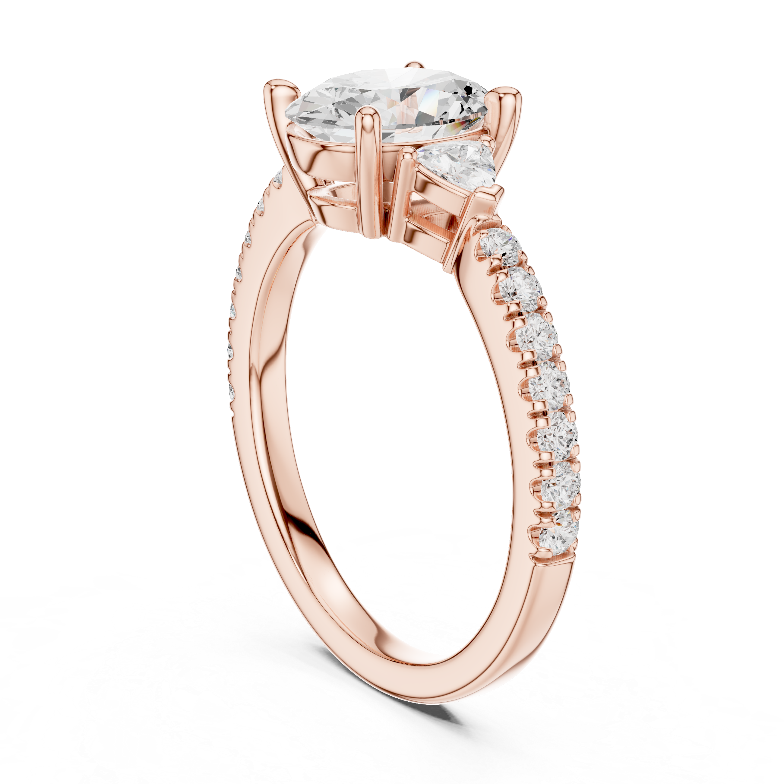 Oval Cut Three-Stone Engagement Ring with Trillion Side Diamonds and Pavé Band – 1.96 CT Total Weight