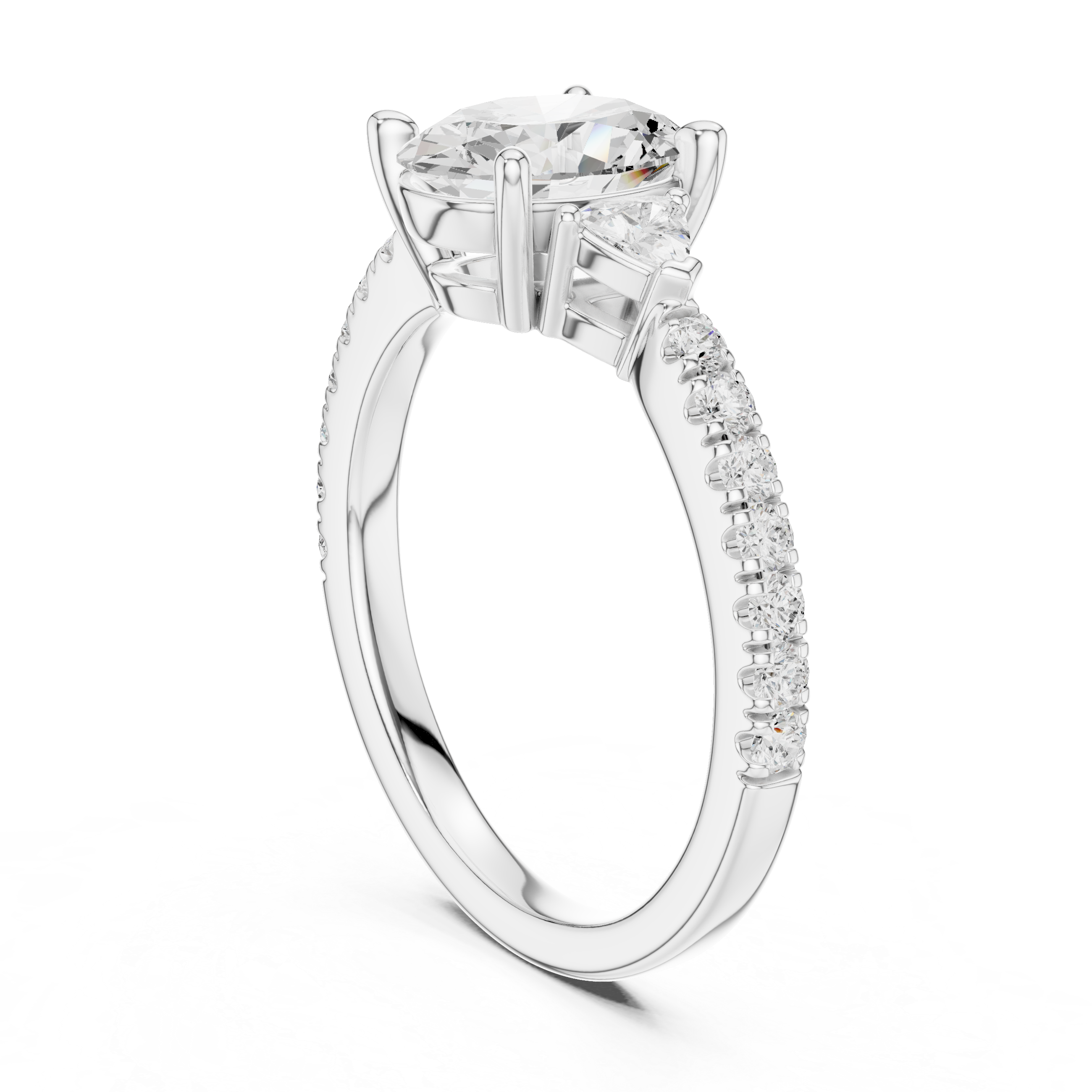 Oval Cut Three-Stone Engagement Ring with Trillion Side Diamonds and Pavé Band – 1.96 CT Total Weight