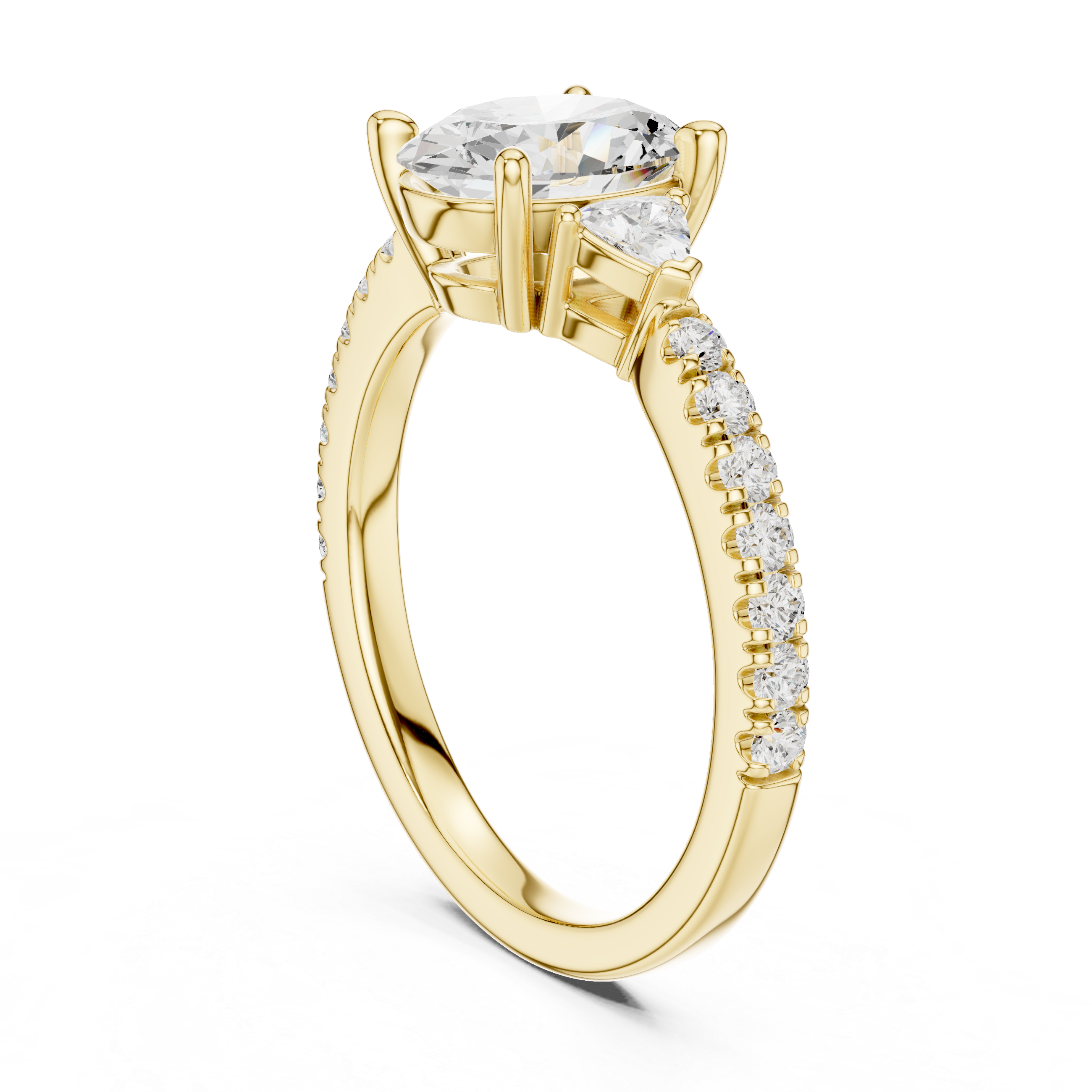 Oval Cut Three-Stone Engagement Ring with Trillion Side Diamonds and Pavé Band – 1.96 CT Total Weight