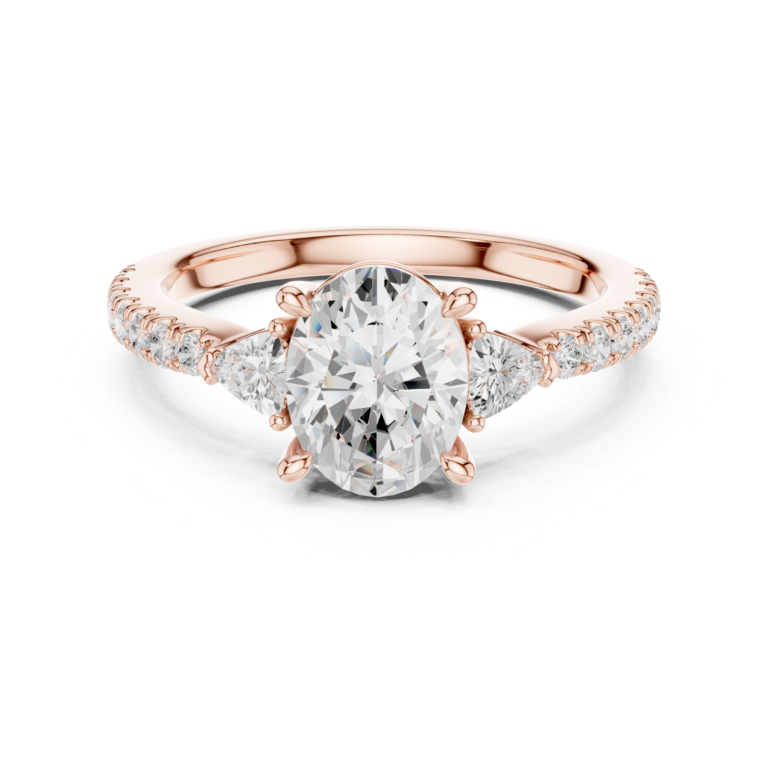 Oval Cut Three-Stone Engagement Ring with Trillion Side Diamonds and Pavé Band – 1.96 CT Total Weight