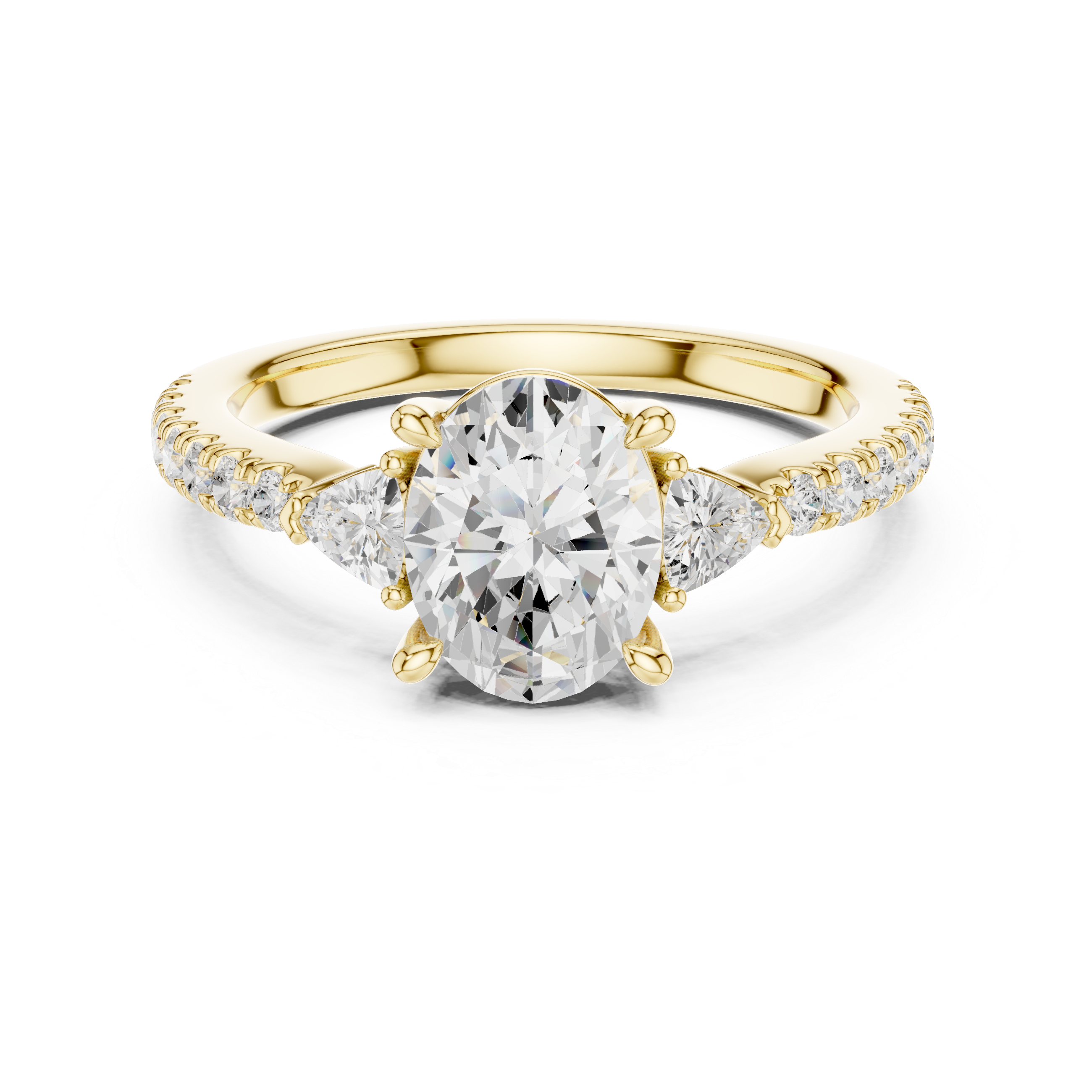 Oval Cut Three-Stone Engagement Ring with Trillion Side Diamonds and Pavé Band – 1.96 CT Total Weight
