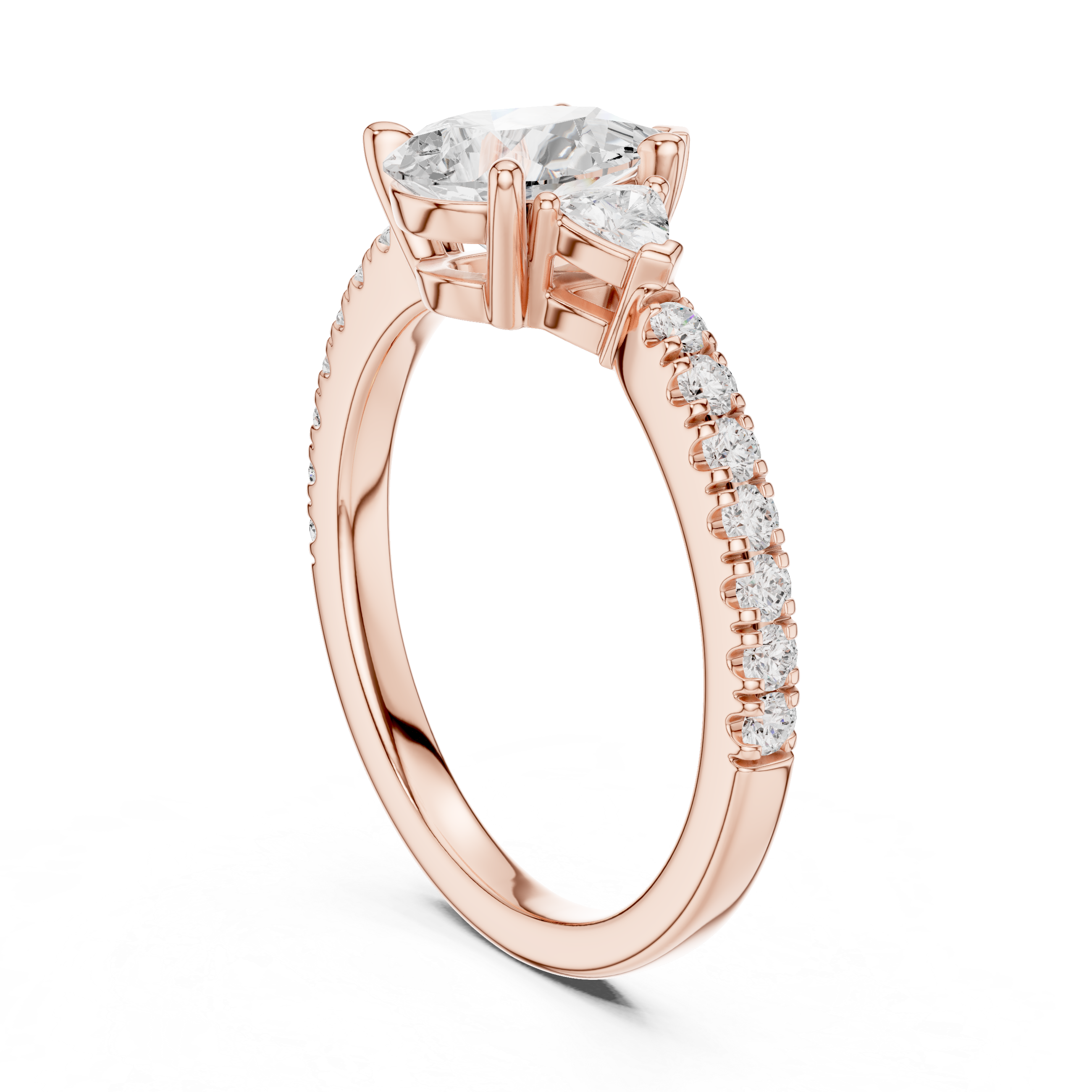 Pear Cut Three-Stone Engagement Ring with Trillion Side Diamonds and Pavé Band – 1.96 CT Total Weight