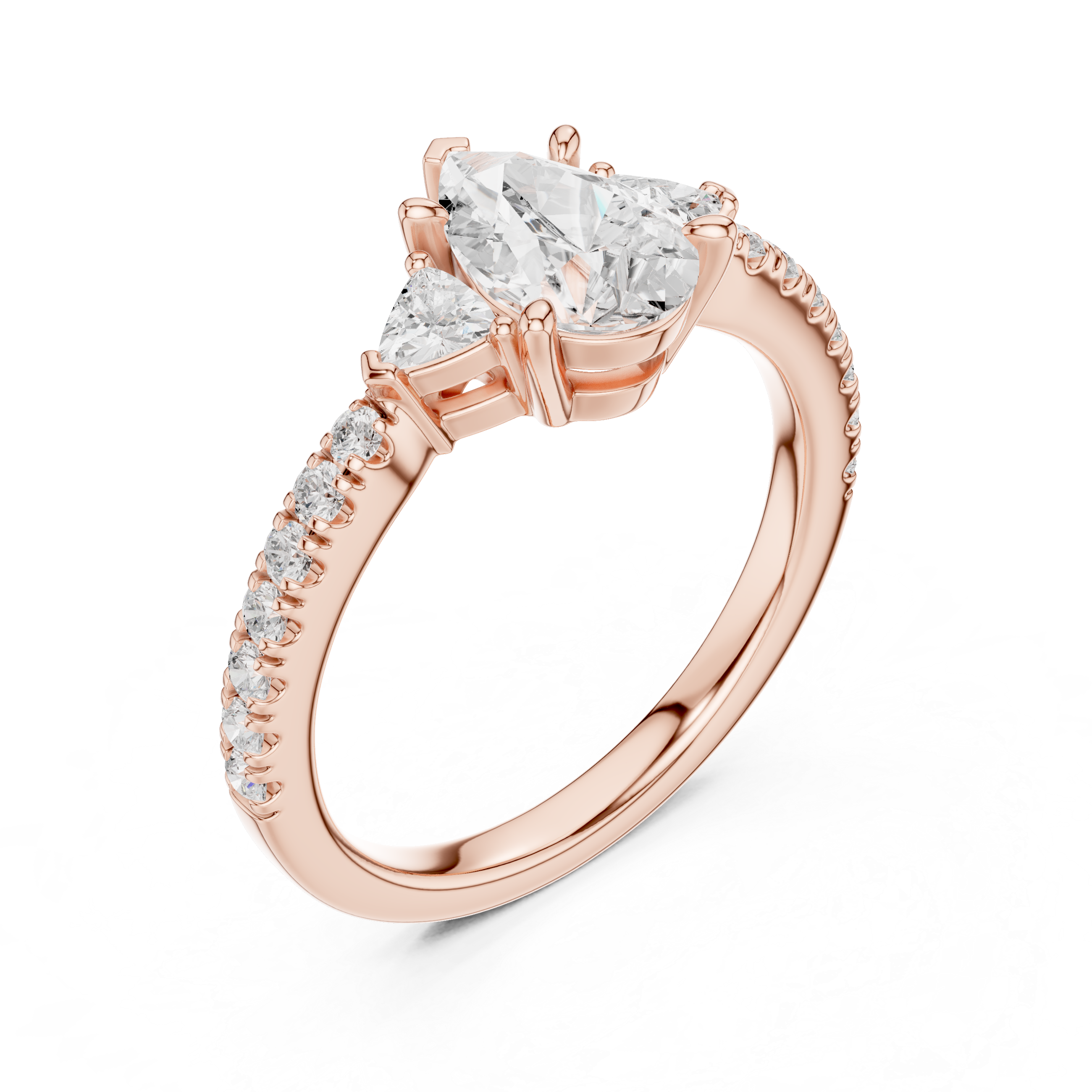Pear Cut Three-Stone Engagement Ring with Trillion Side Diamonds and Pavé Band – 1.96 CT Total Weight