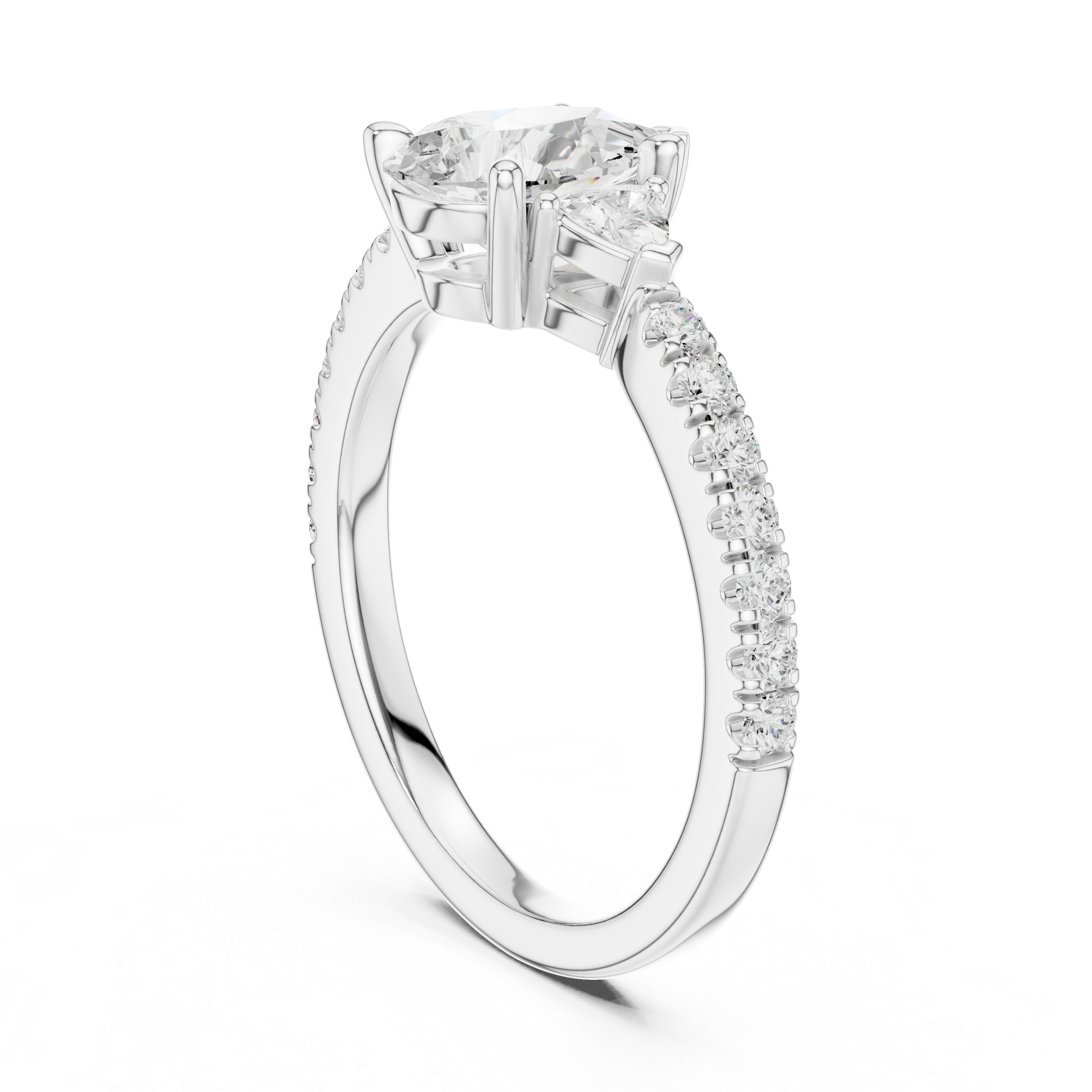 Pear Cut Three-Stone Engagement Ring with Trillion Side Diamonds and Pavé Band – 1.96 CT Total Weight