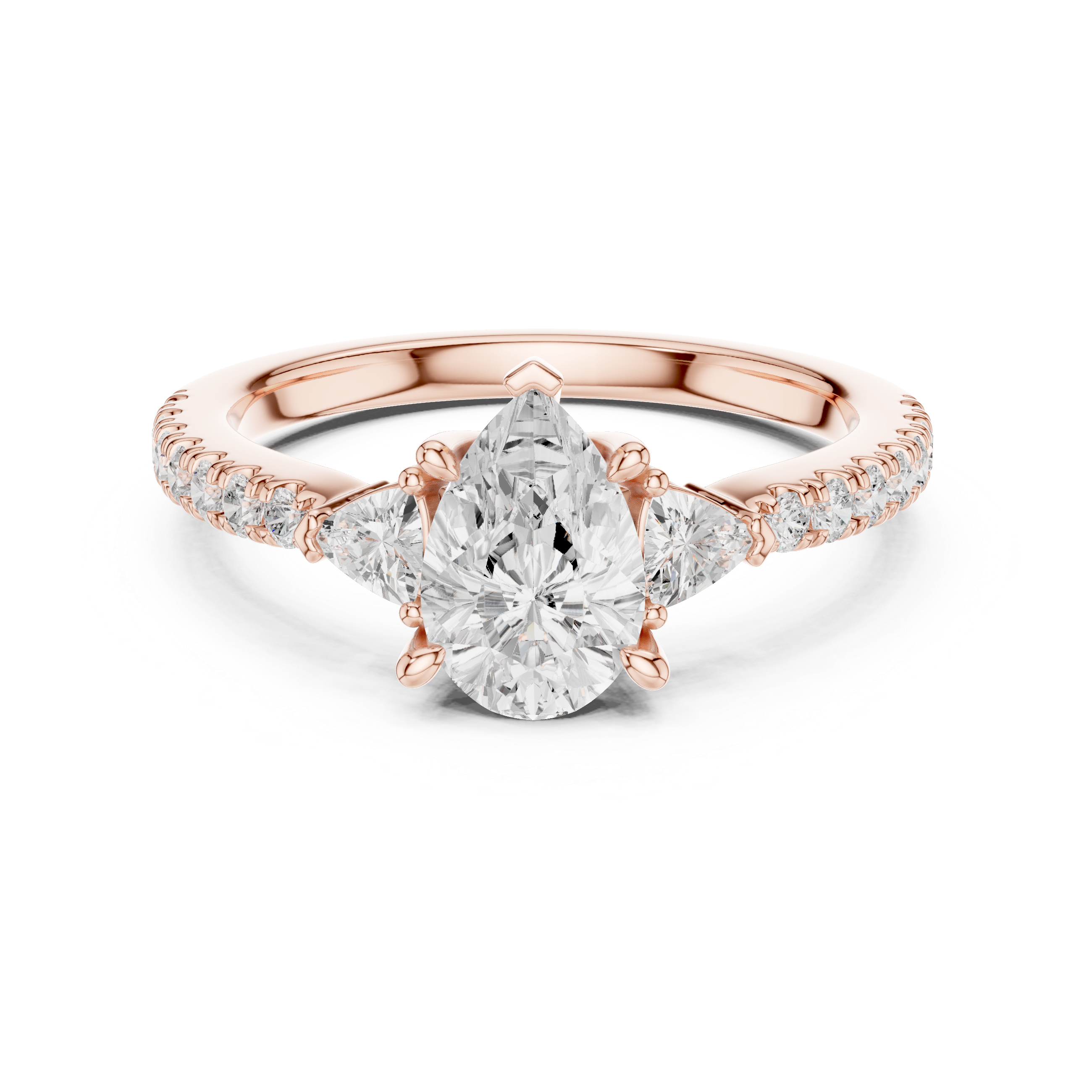 Pear Cut Three-Stone Engagement Ring with Trillion Side Diamonds and Pavé Band – 1.96 CT Total Weight