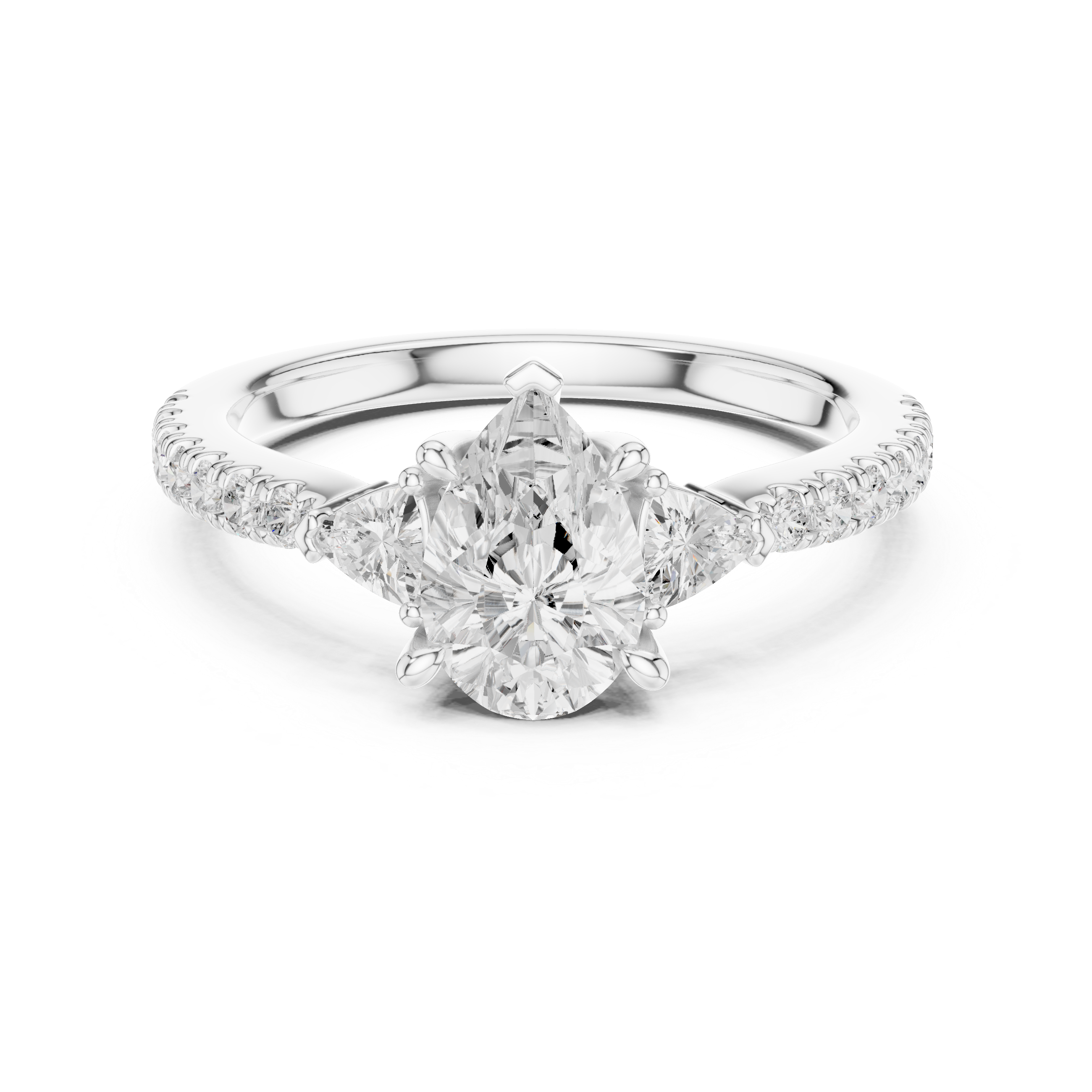 Pear Cut Three-Stone Engagement Ring with Trillion Side Diamonds and Pavé Band – 1.96 CT Total Weight