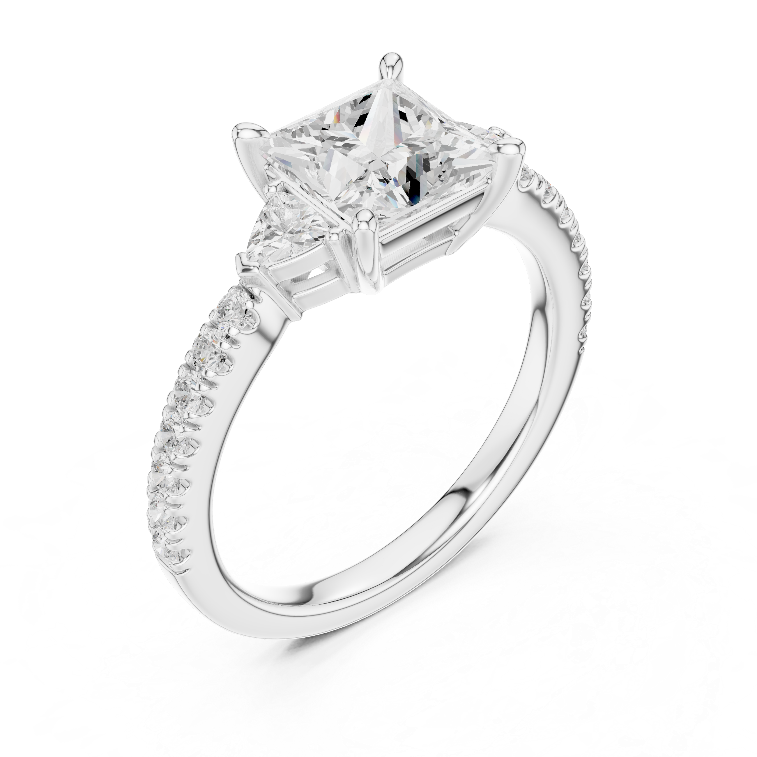 Princess Cut Three-Stone Engagement Ring with Trillion Side Diamonds and Pavé Band – 1.96 CT Total Weight