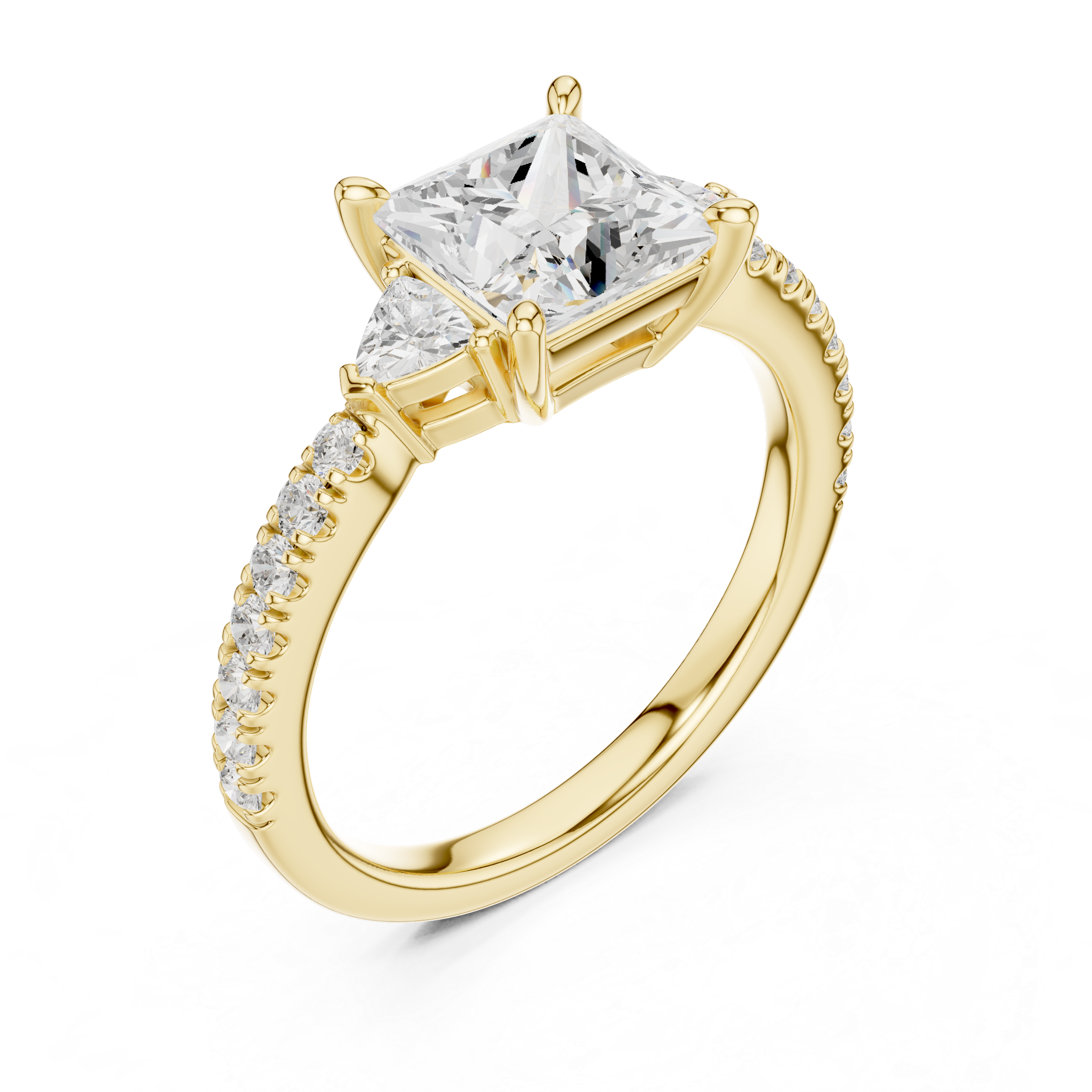 Princess Cut Three-Stone Engagement Ring with Trillion Side Diamonds and Pavé Band – 1.96 CT Total Weight