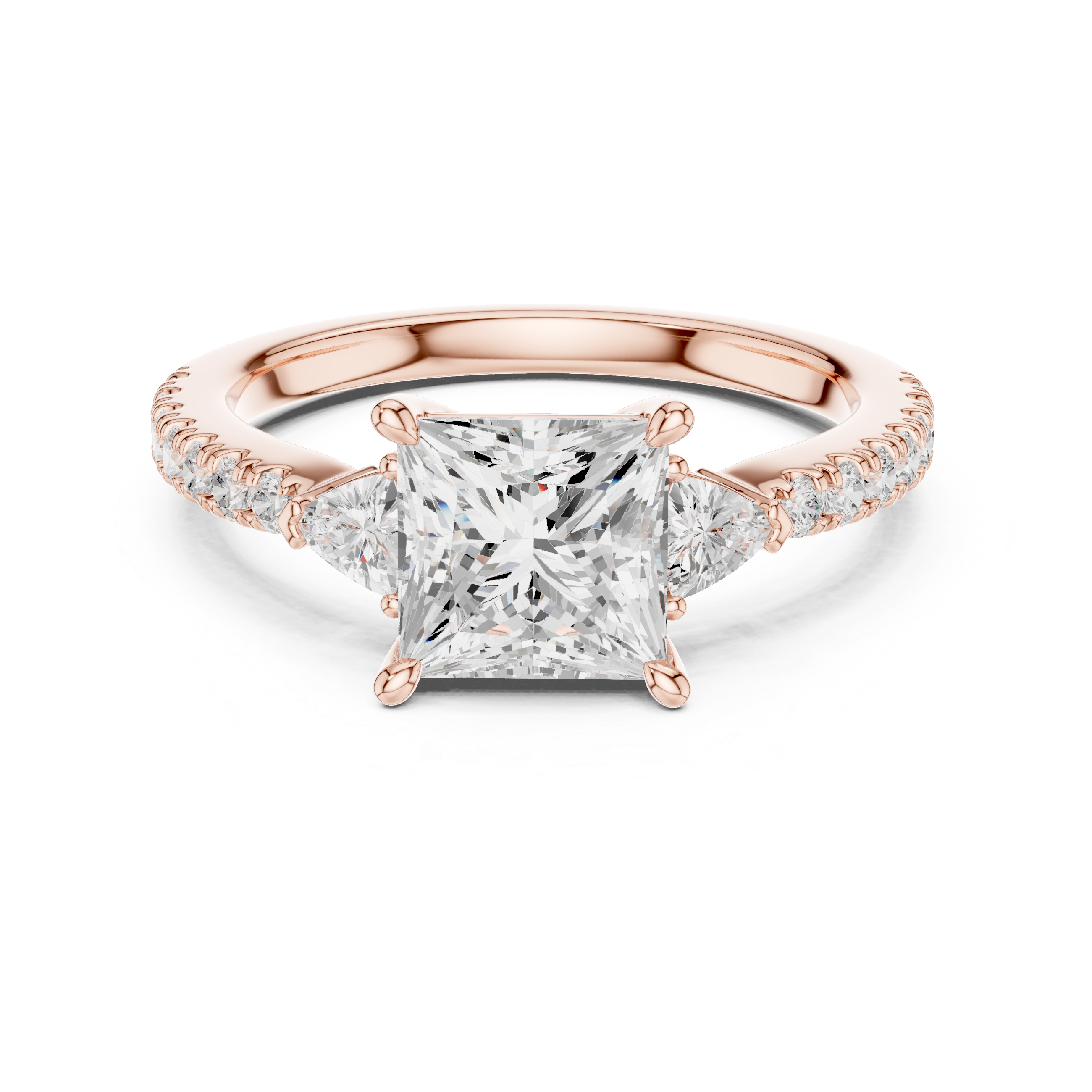 Princess Cut Three-Stone Engagement Ring with Trillion Side Diamonds and Pavé Band – 1.96 CT Total Weight
