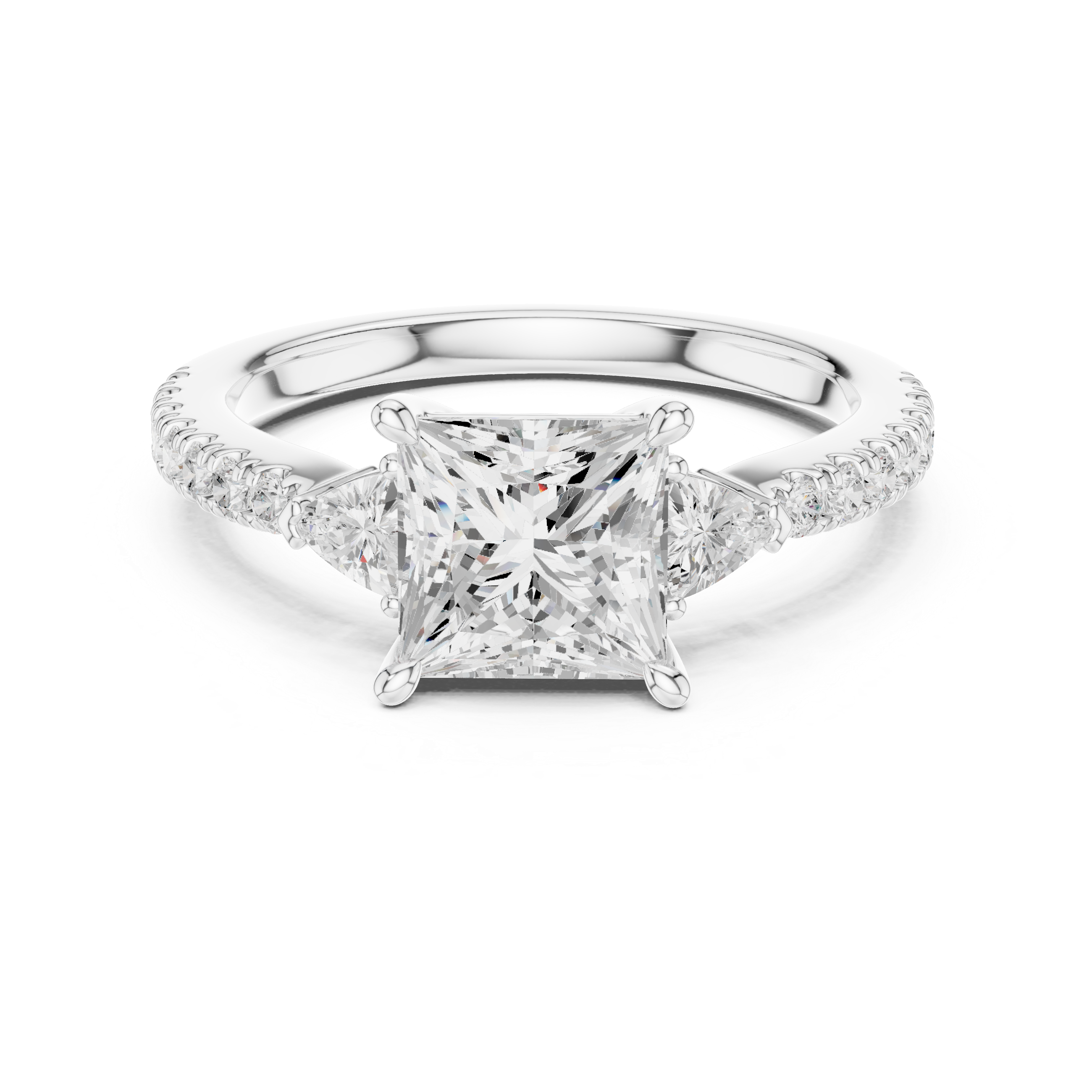 Princess Cut Three-Stone Engagement Ring with Trillion Side Diamonds and Pavé Band – 1.96 CT Total Weight