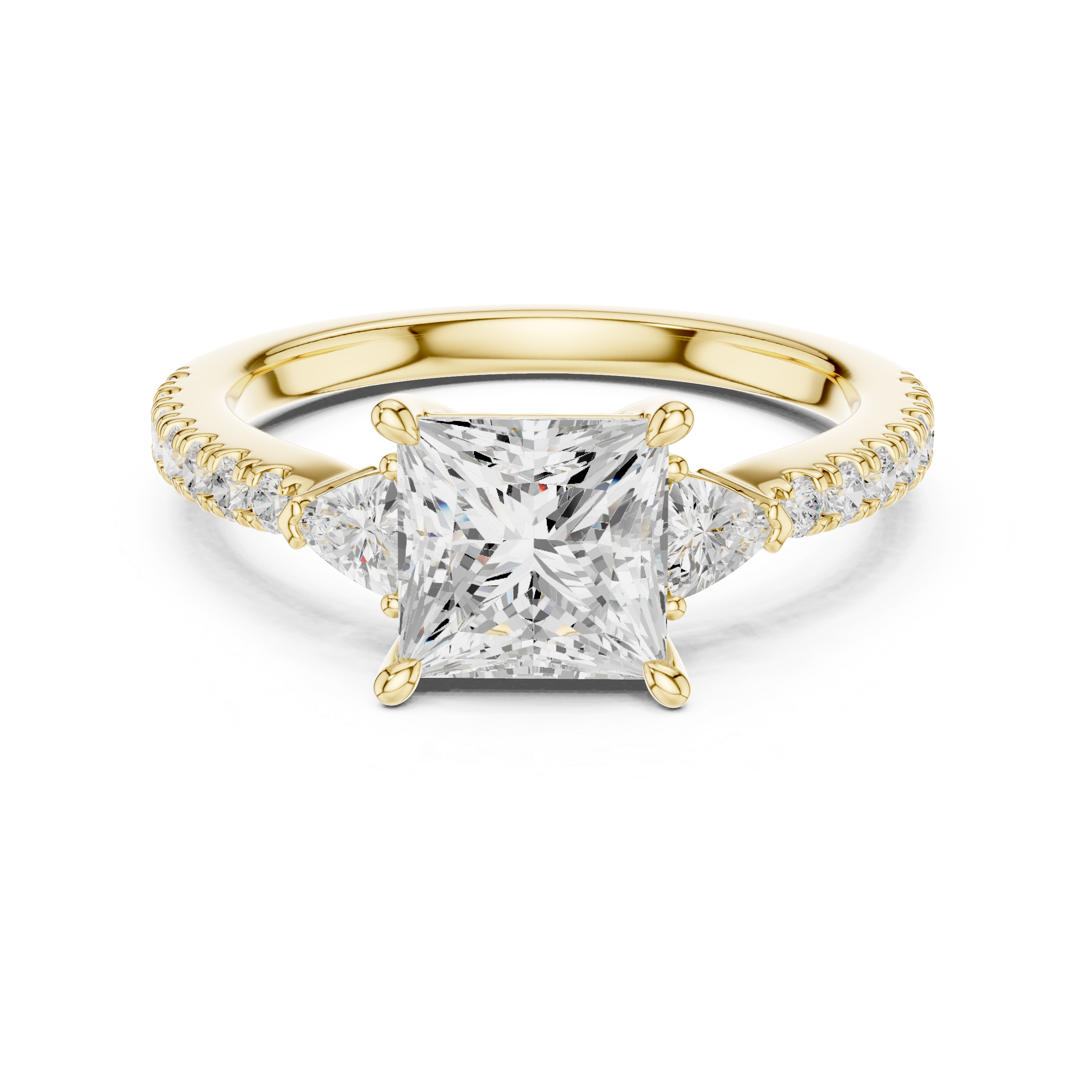 Princess Cut Three-Stone Engagement Ring with Trillion Side Diamonds and Pavé Band – 1.96 CT Total Weight