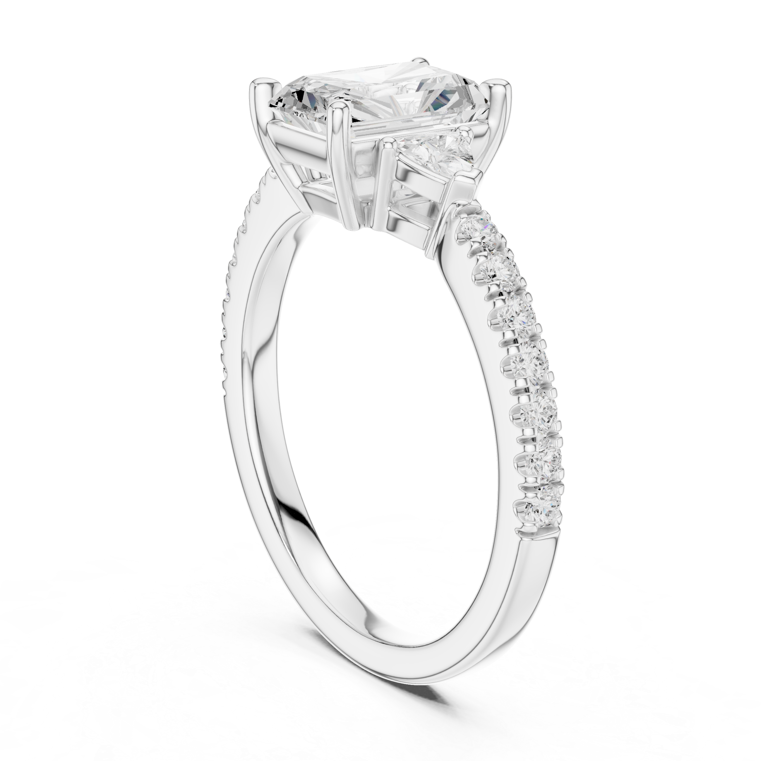 Radiant Cut Three-Stone Engagement Ring with Trillion Side Diamonds and Pavé Band – 1.96 CT Total Weight