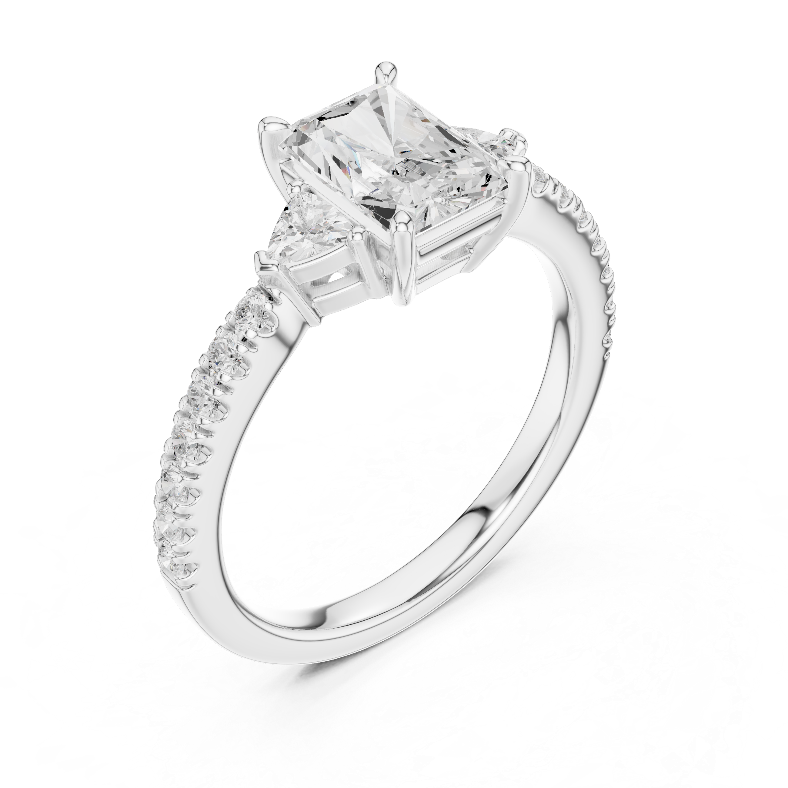 Radiant Cut Three-Stone Engagement Ring with Trillion Side Diamonds and Pavé Band – 1.96 CT Total Weight