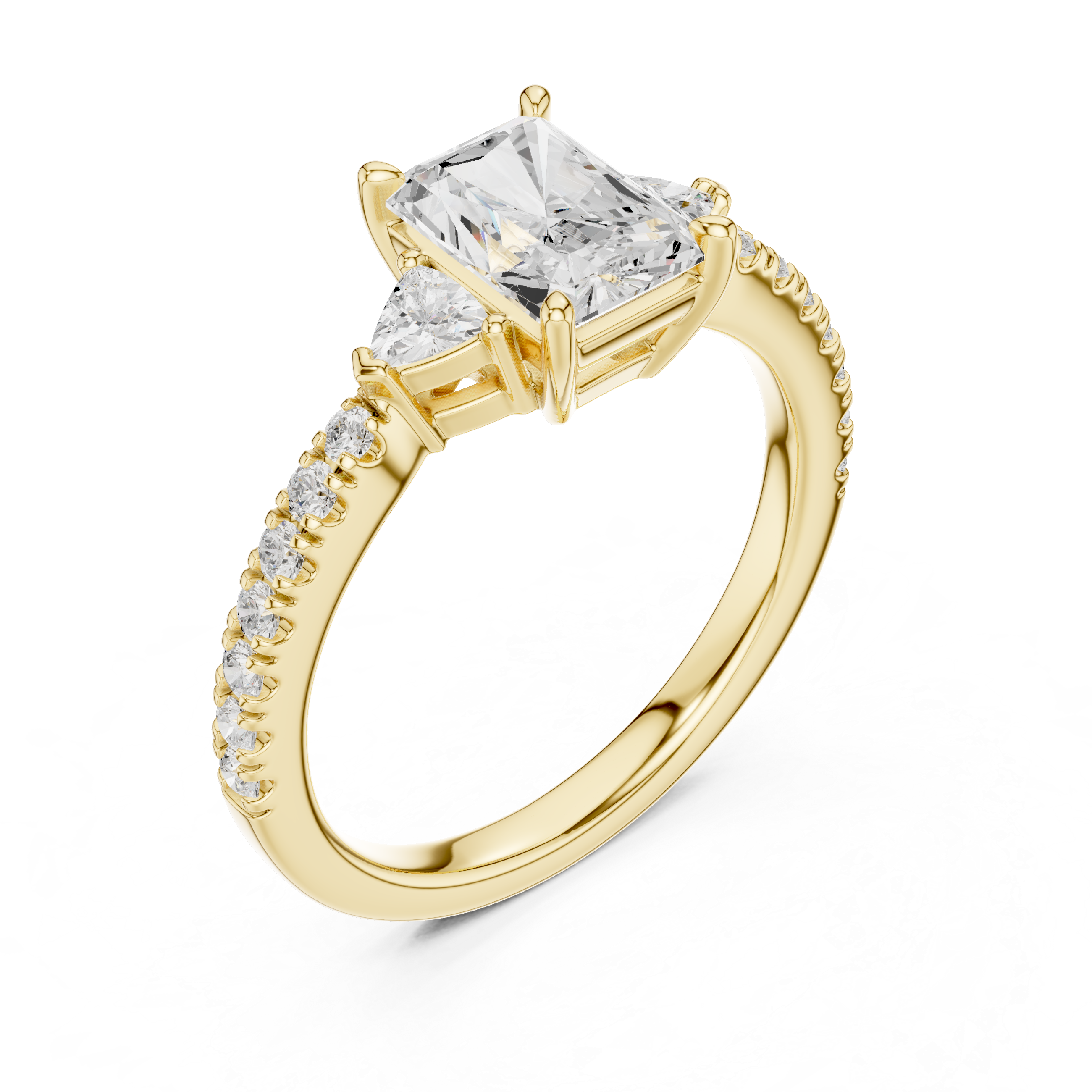 Radiant Cut Three-Stone Engagement Ring with Trillion Side Diamonds and Pavé Band – 1.96 CT Total Weight