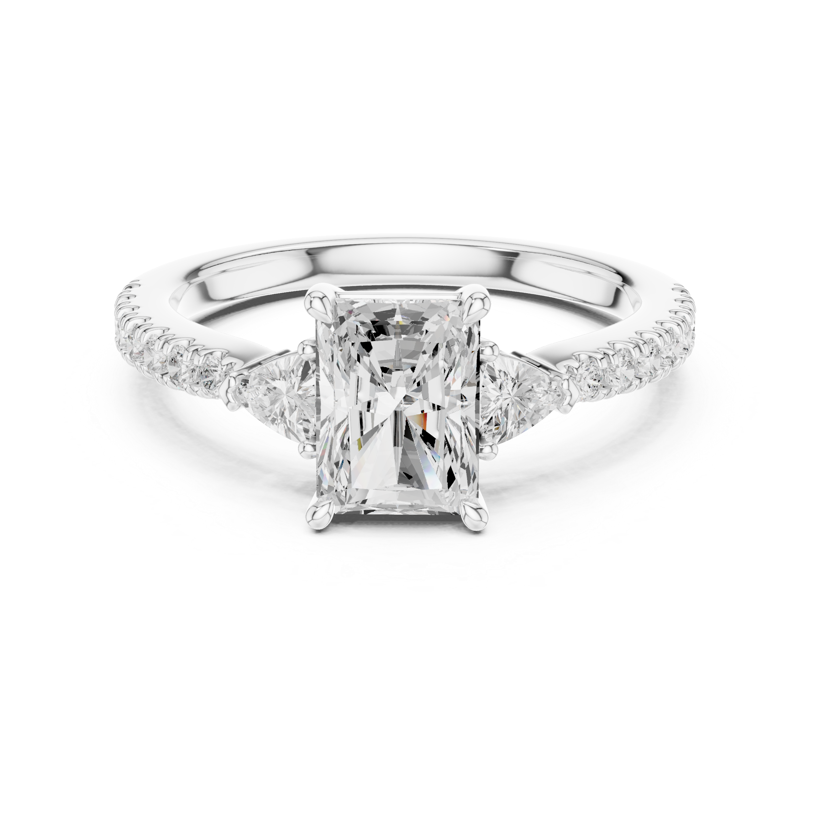 Radiant Cut Three-Stone Engagement Ring with Trillion Side Diamonds and Pavé Band – 1.96 CT Total Weight