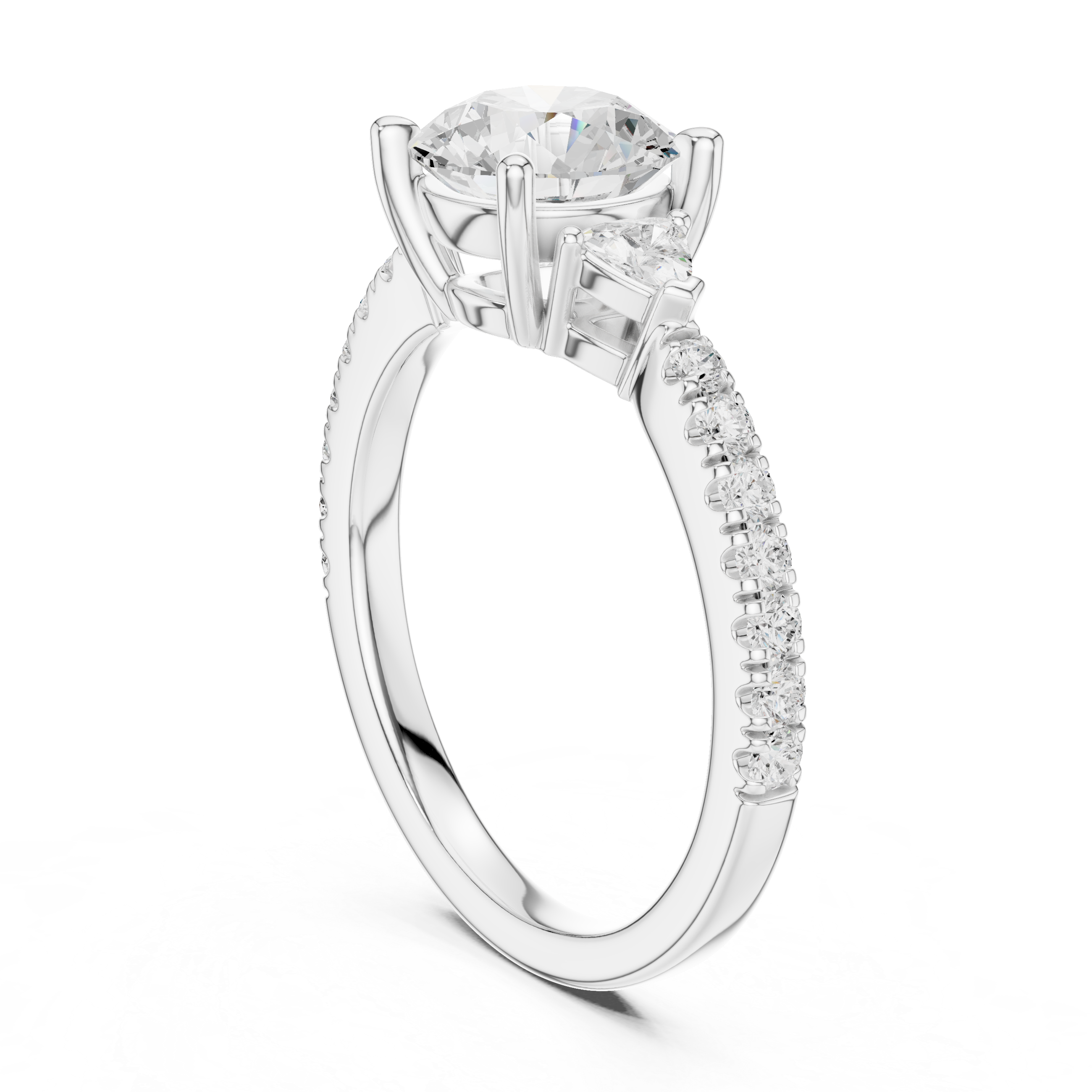 Round Brilliant Cut Engagement Ring with Trillion Side Stones and Pavé Diamond Band – 1.96 CT Total Weight