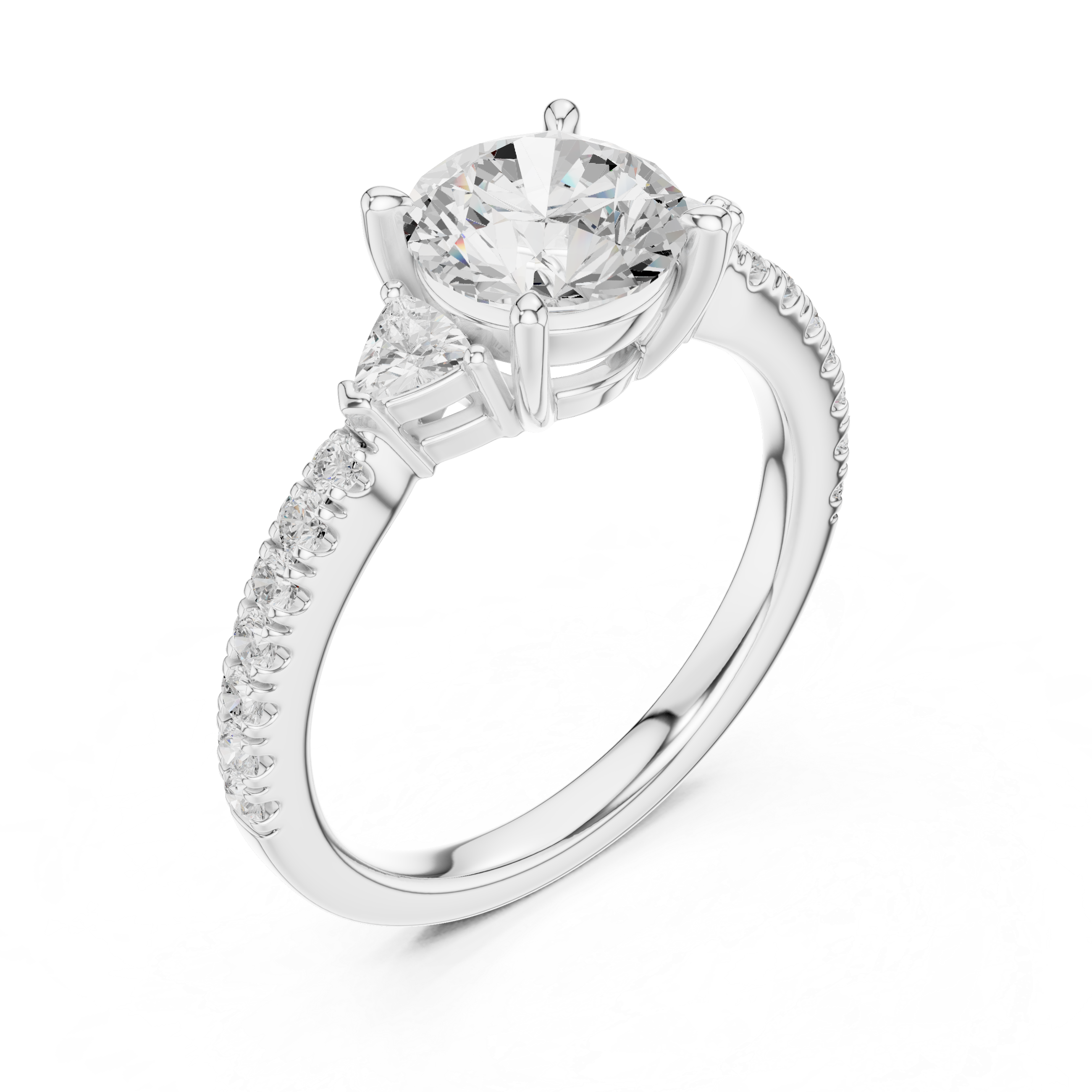 Round Brilliant Cut Engagement Ring with Trillion Side Stones and Pavé Diamond Band – 1.96 CT Total Weight