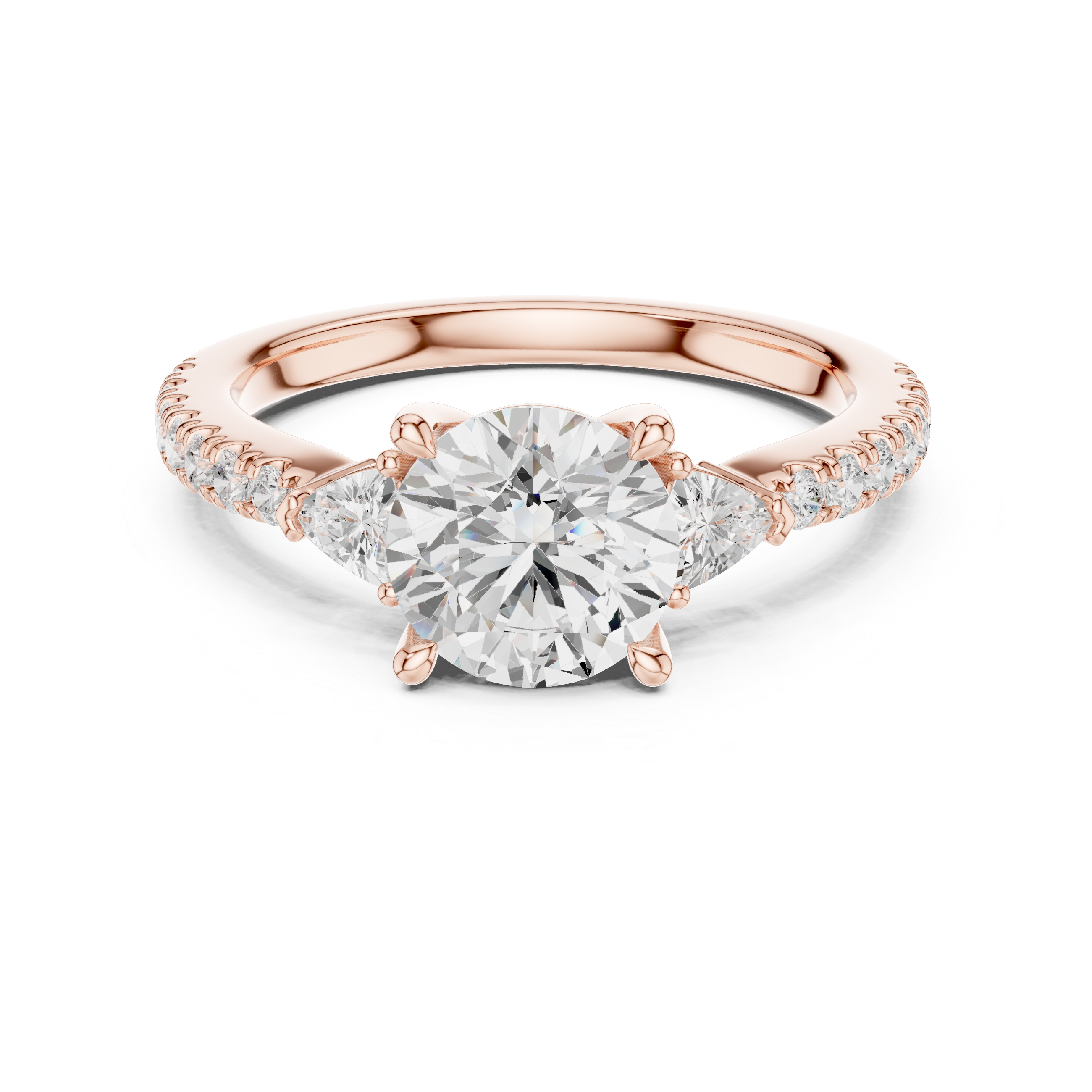 Round Brilliant Cut Engagement Ring with Trillion Side Stones and Pavé Diamond Band – 1.96 CT Total Weight