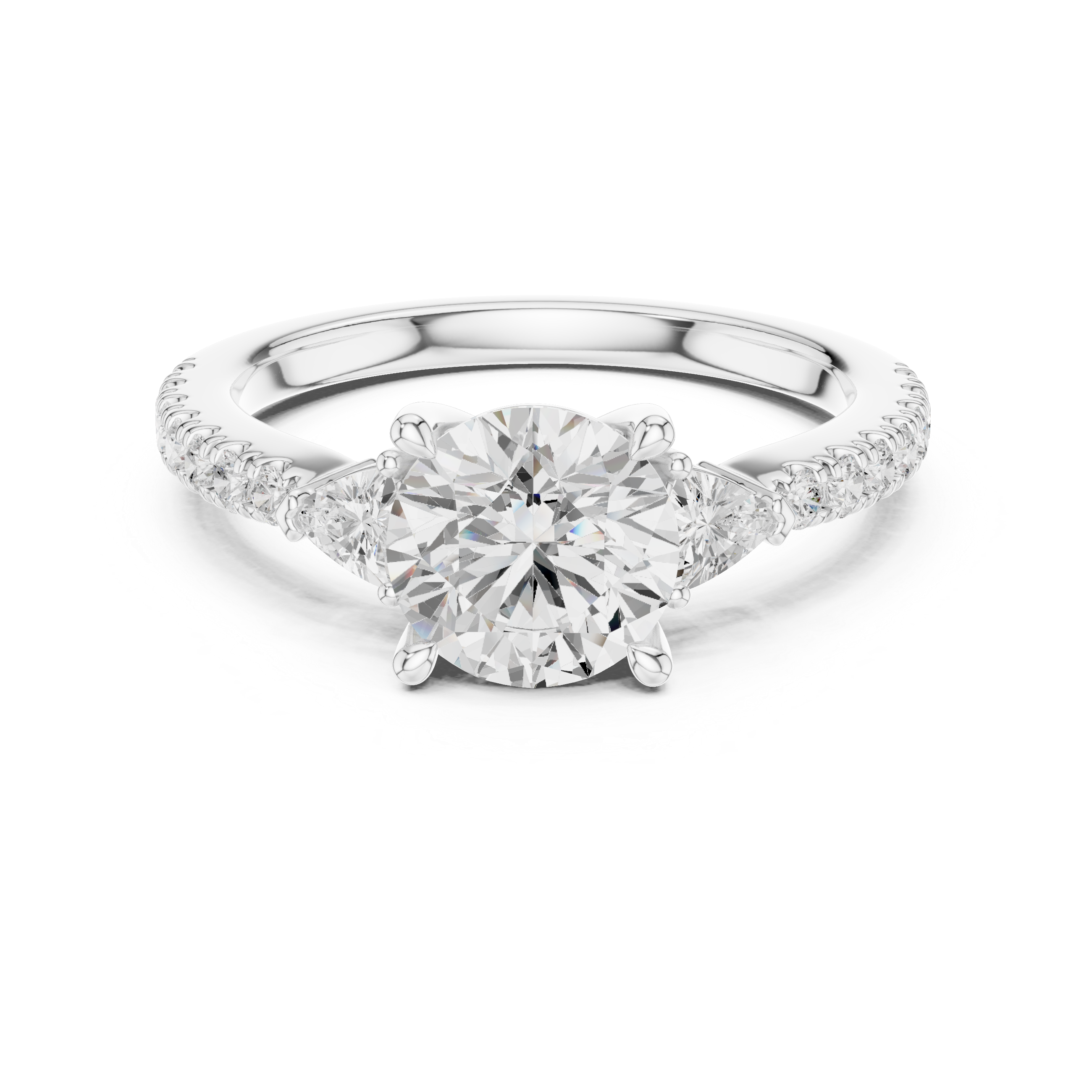 Round Brilliant Cut Engagement Ring with Trillion Side Stones and Pavé Diamond Band – 1.96 CT Total Weight