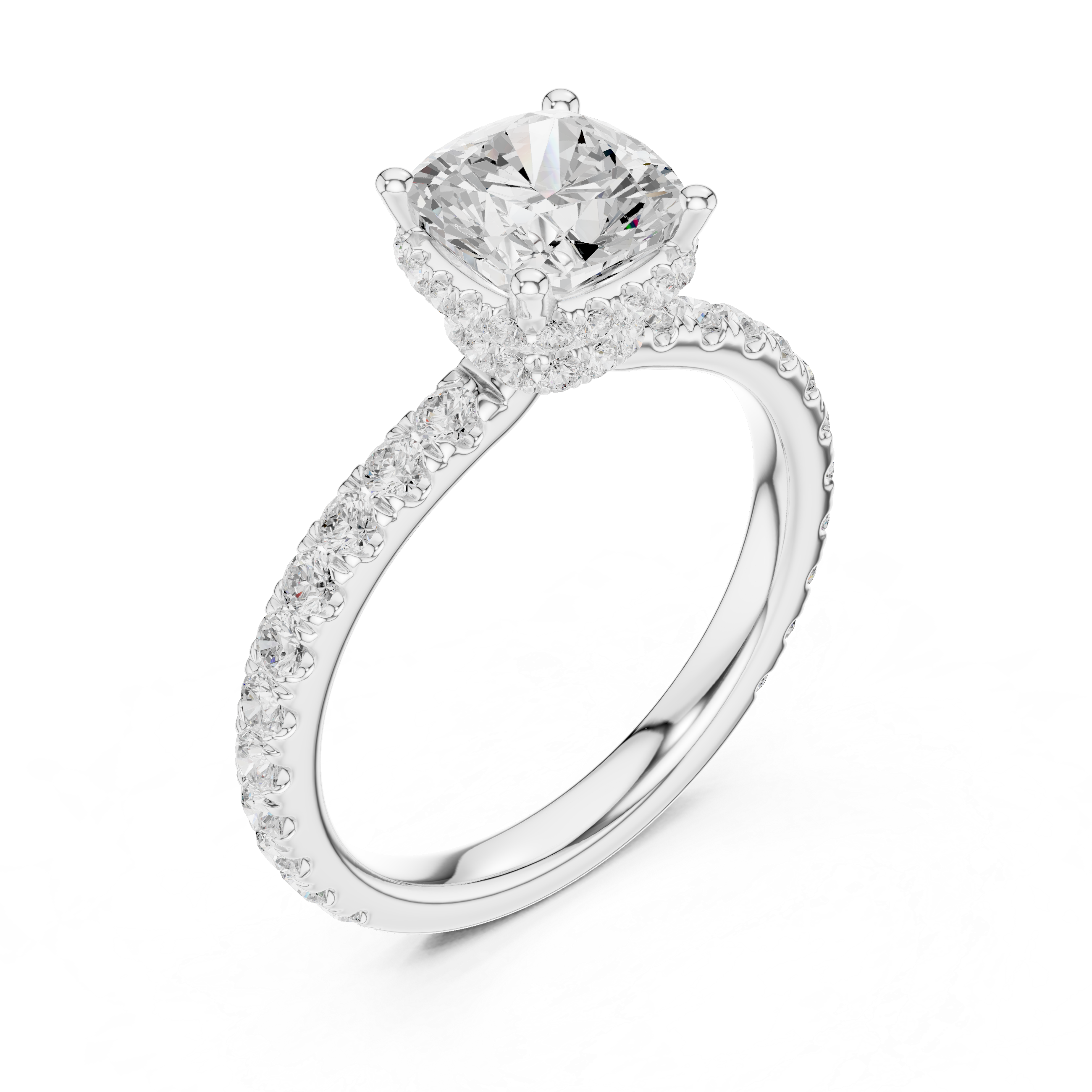 Halo Cushion Cut Engagement Ring with Double Pavé Band – 2.14 CT Total Weight Diamond Ring