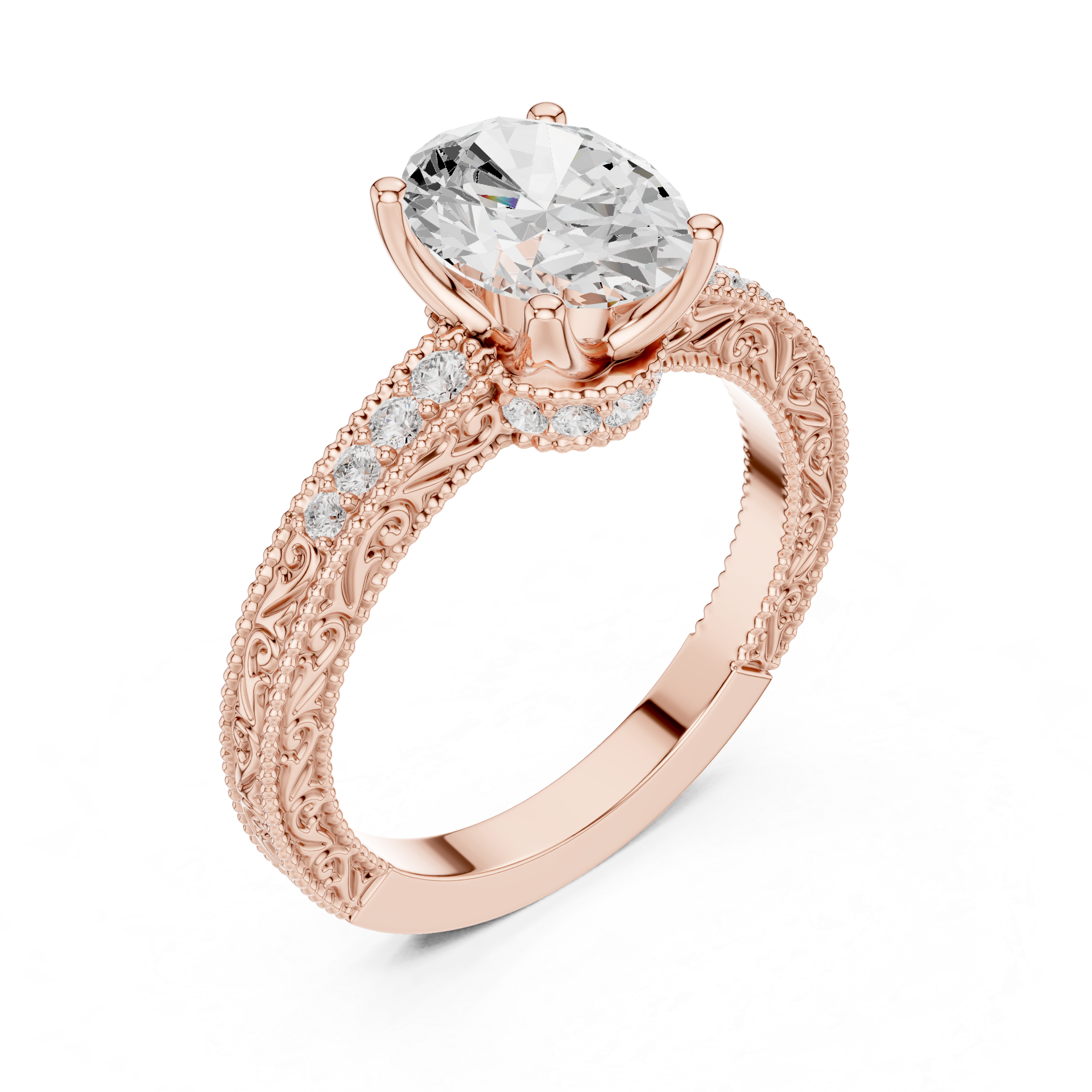 Vintage Oval Cut Engagement Ring with Milgrain Diamond Band