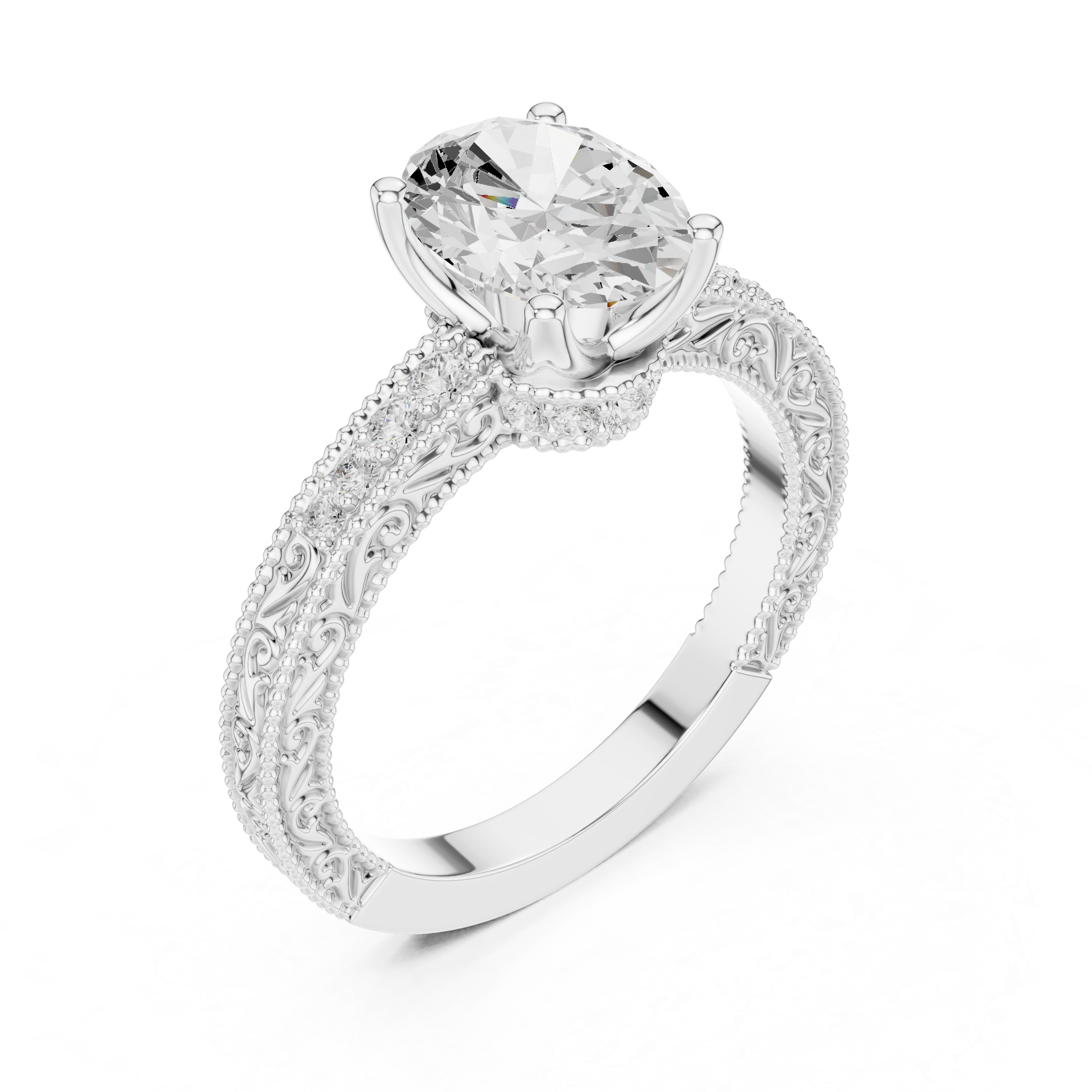 Vintage Oval Cut Engagement Ring with Milgrain Diamond Band