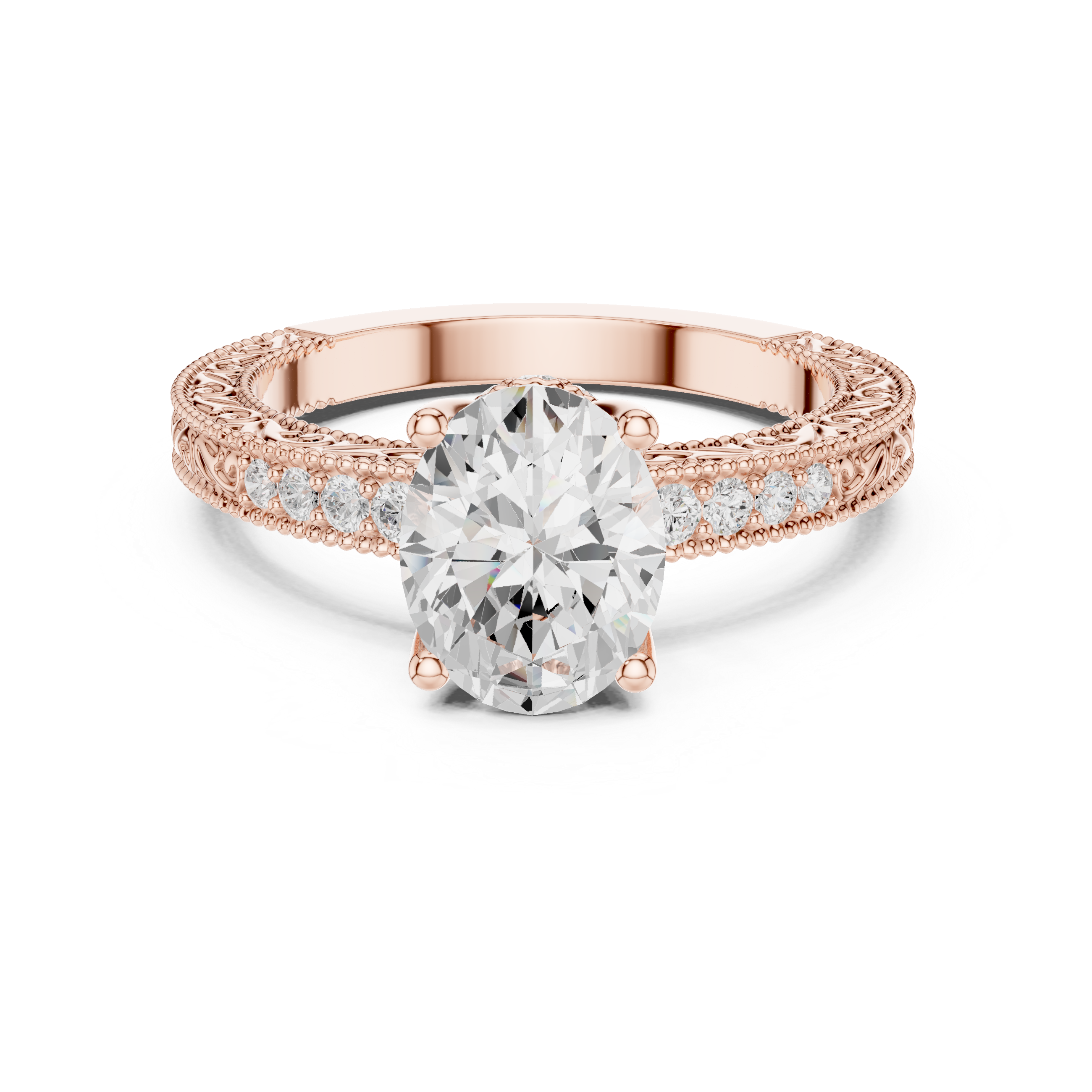 Vintage Oval Cut Engagement Ring with Milgrain Diamond Band