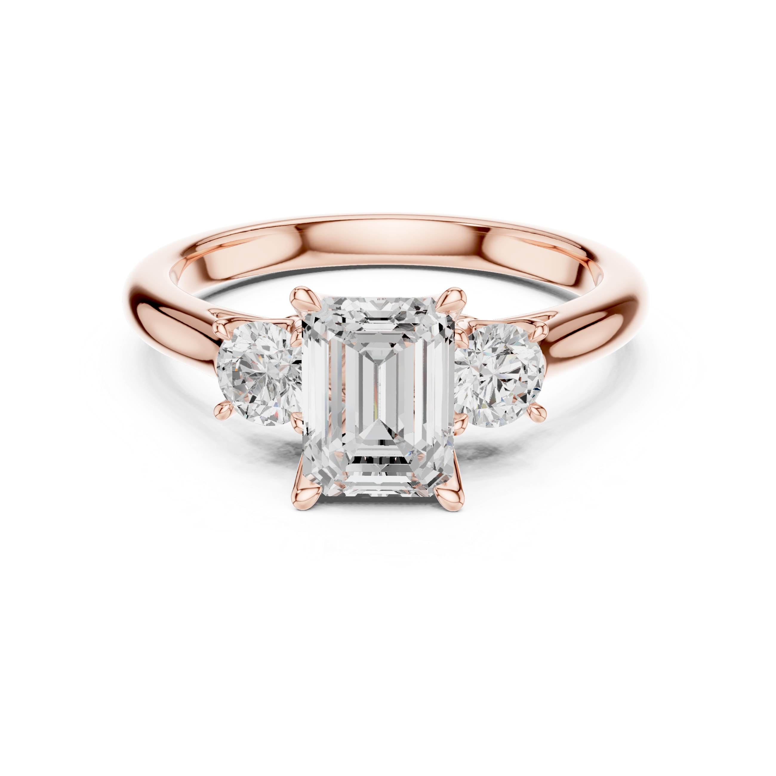 Emerald Cut Three Stone Engagement Ring with Round Side Diamonds