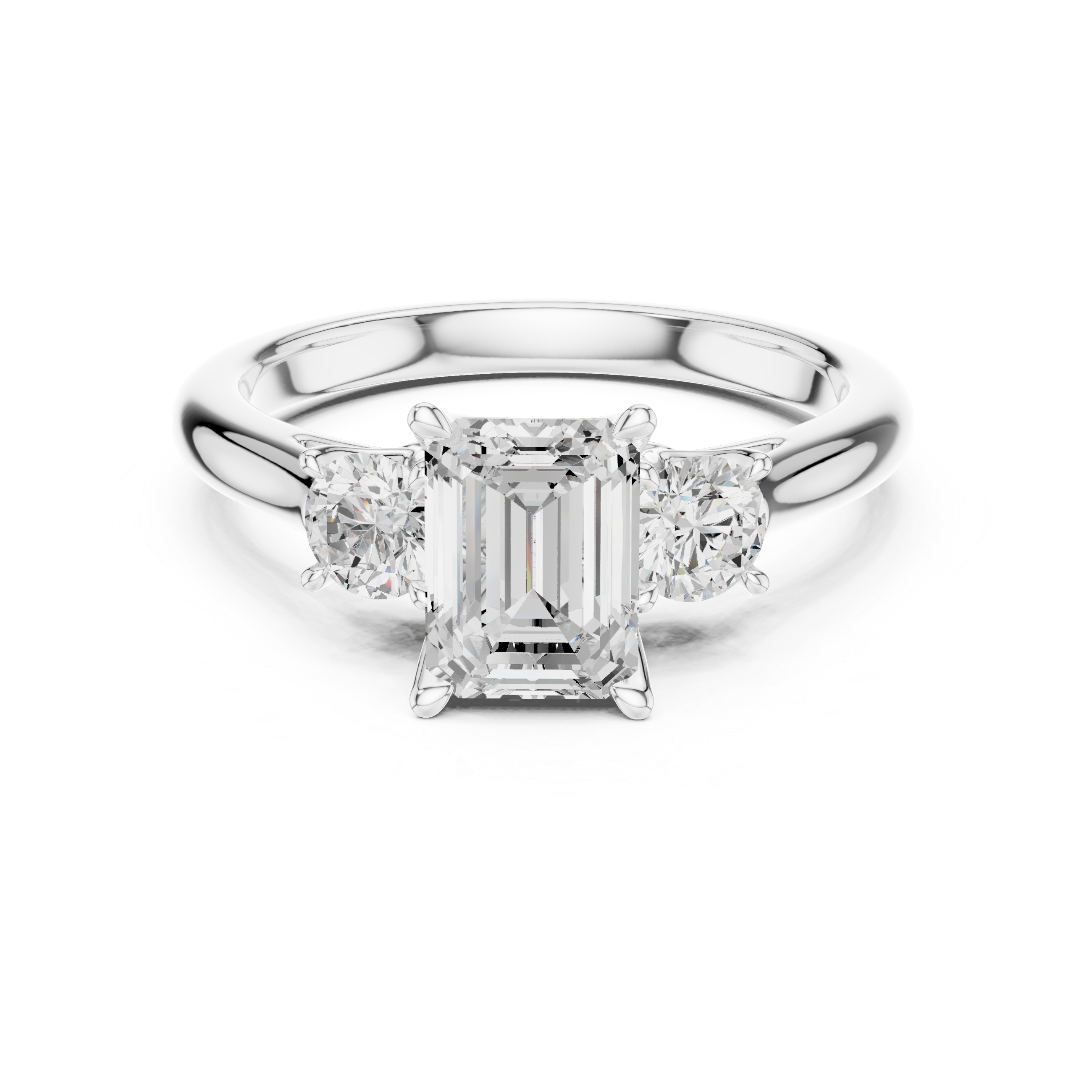Emerald Cut Three Stone Engagement Ring with Round Side Diamonds