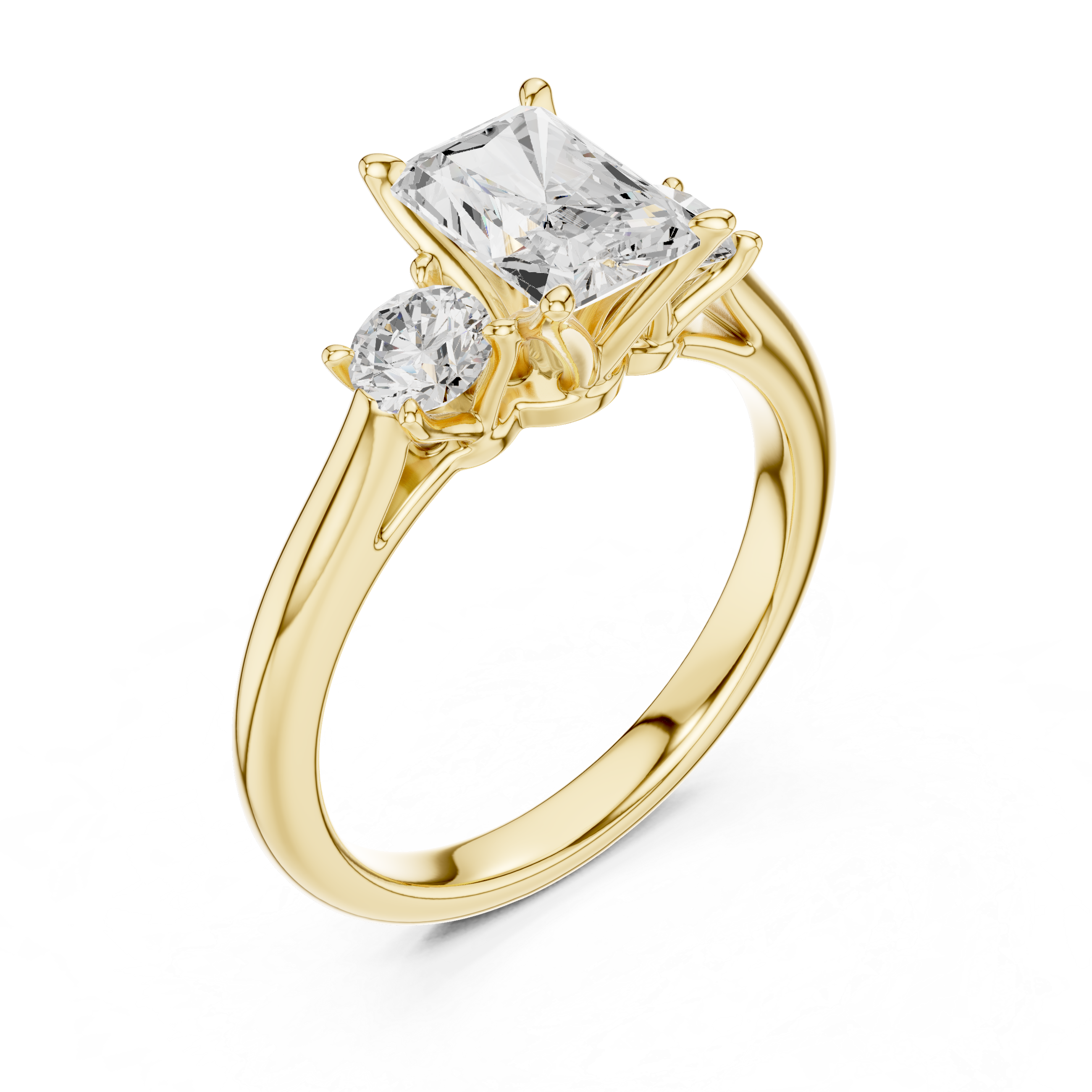 Radiant Cut Three Stone Engagement Ring with Round Side Diamonds