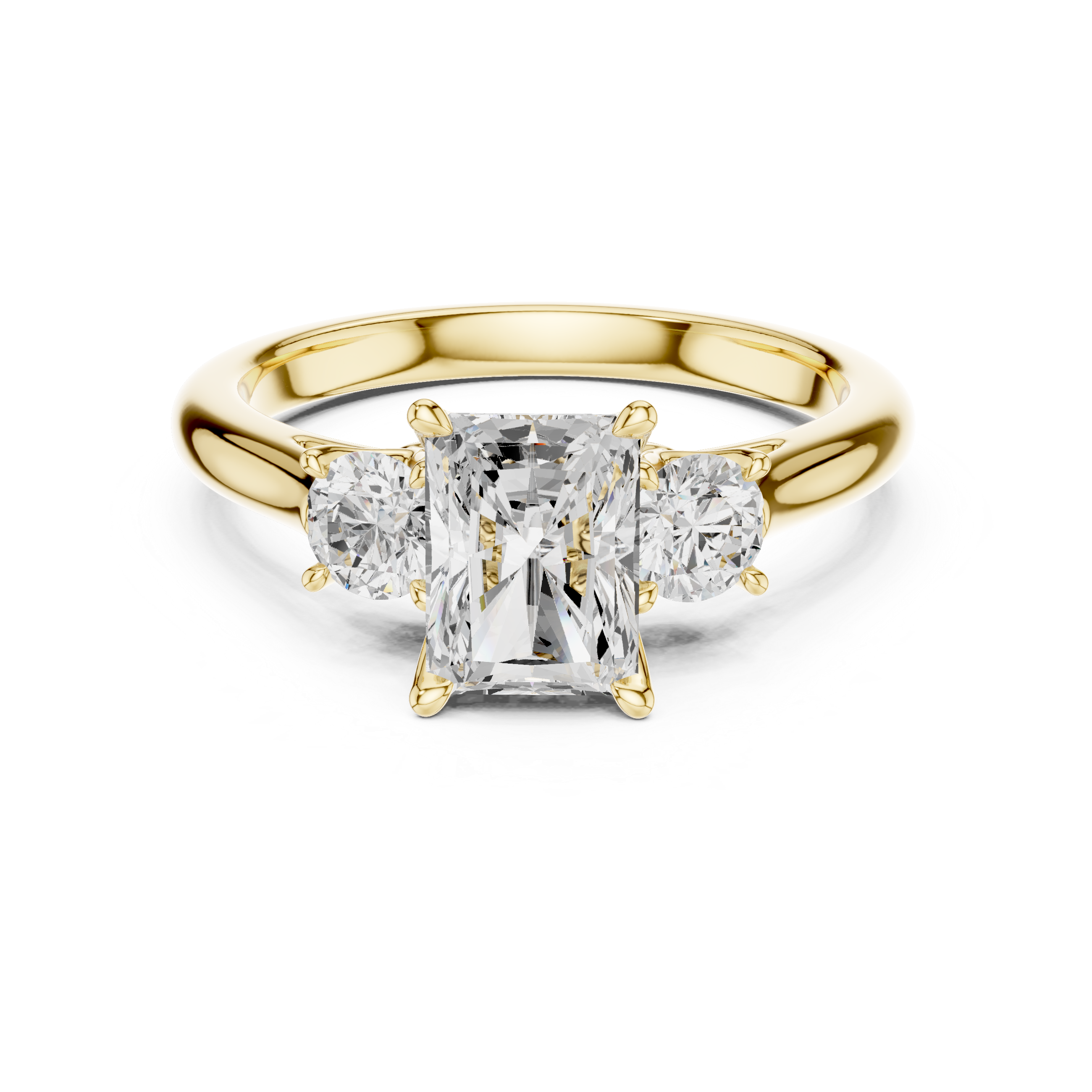 Radiant Cut Three Stone Engagement Ring with Round Side Diamonds