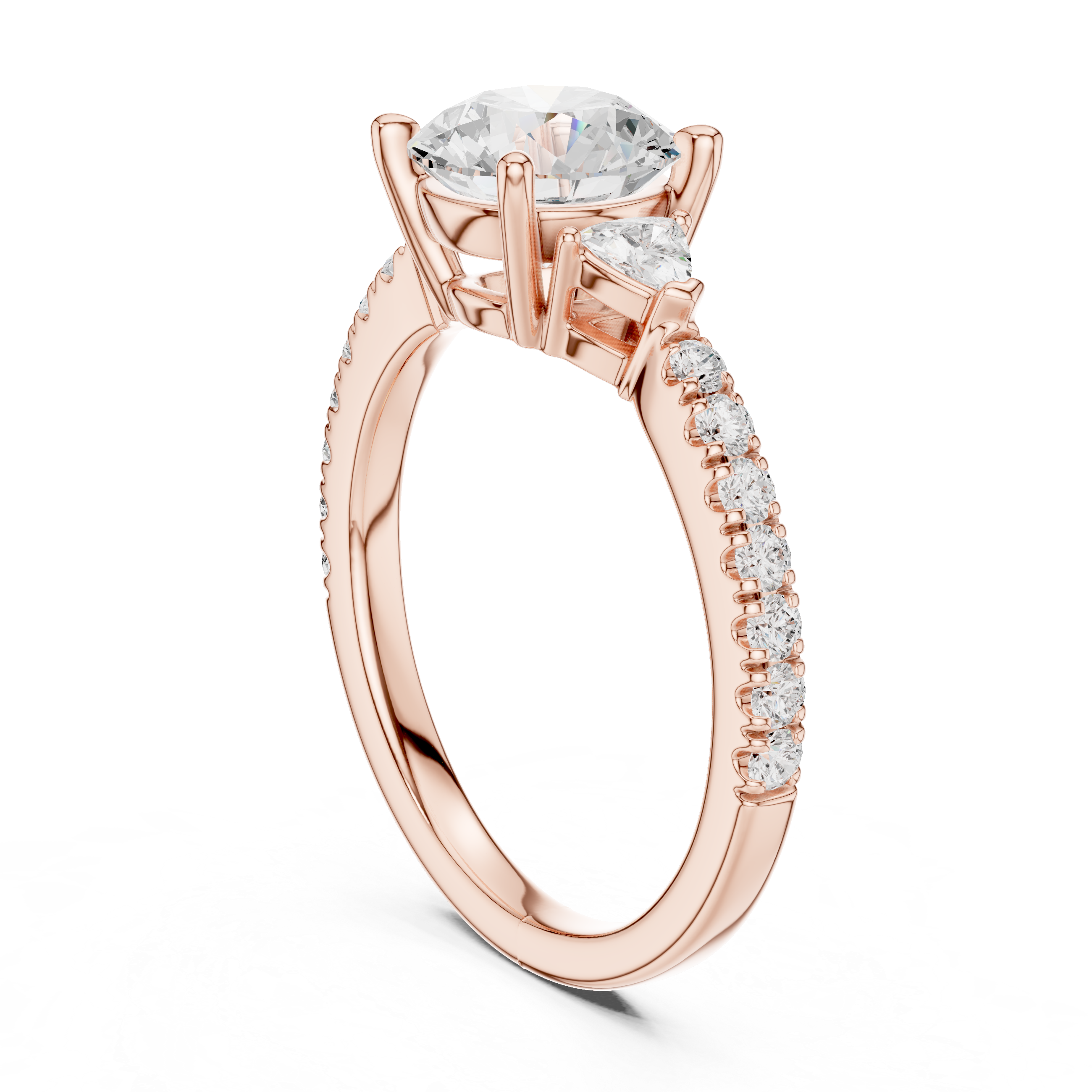Round Brilliant Cut Engagement Ring with Trillion Side Stones and Pavé Band