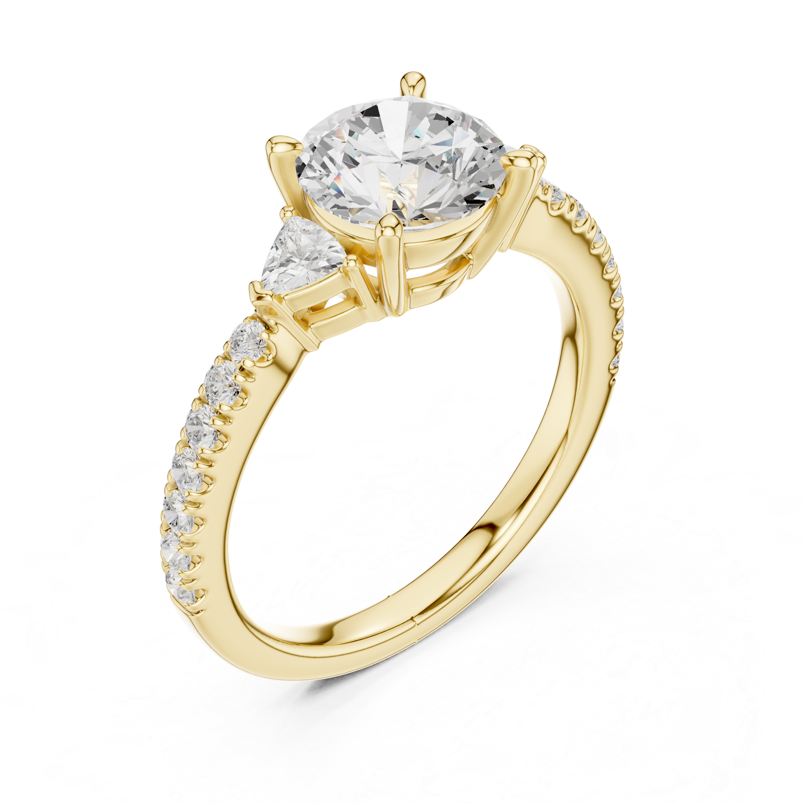 Round Brilliant Cut Engagement Ring with Trillion Side Stones and Pavé Band