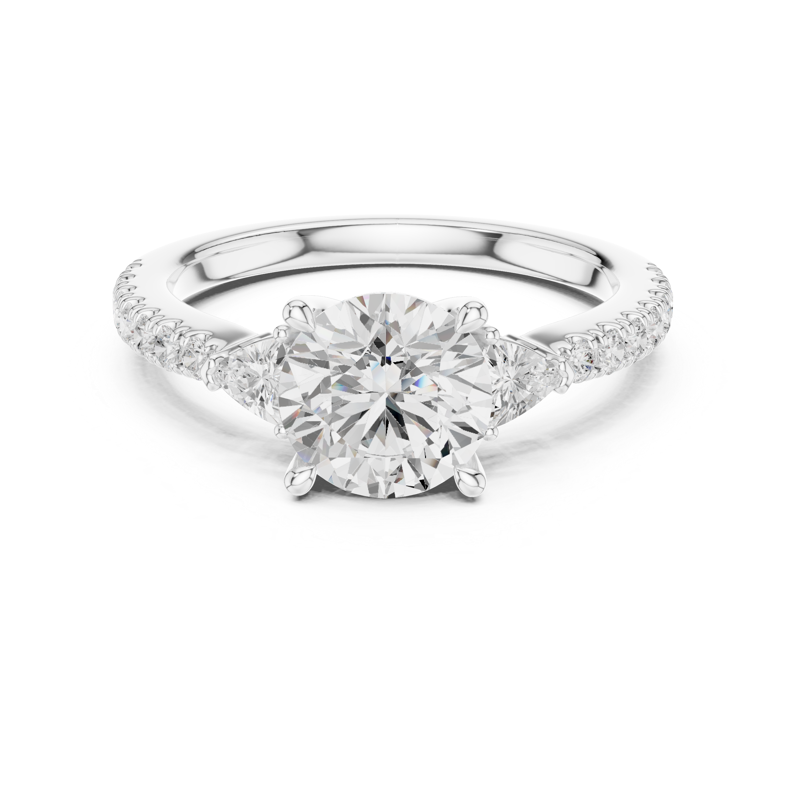 Round Brilliant Cut Engagement Ring with Trillion Side Stones and Pavé Band
