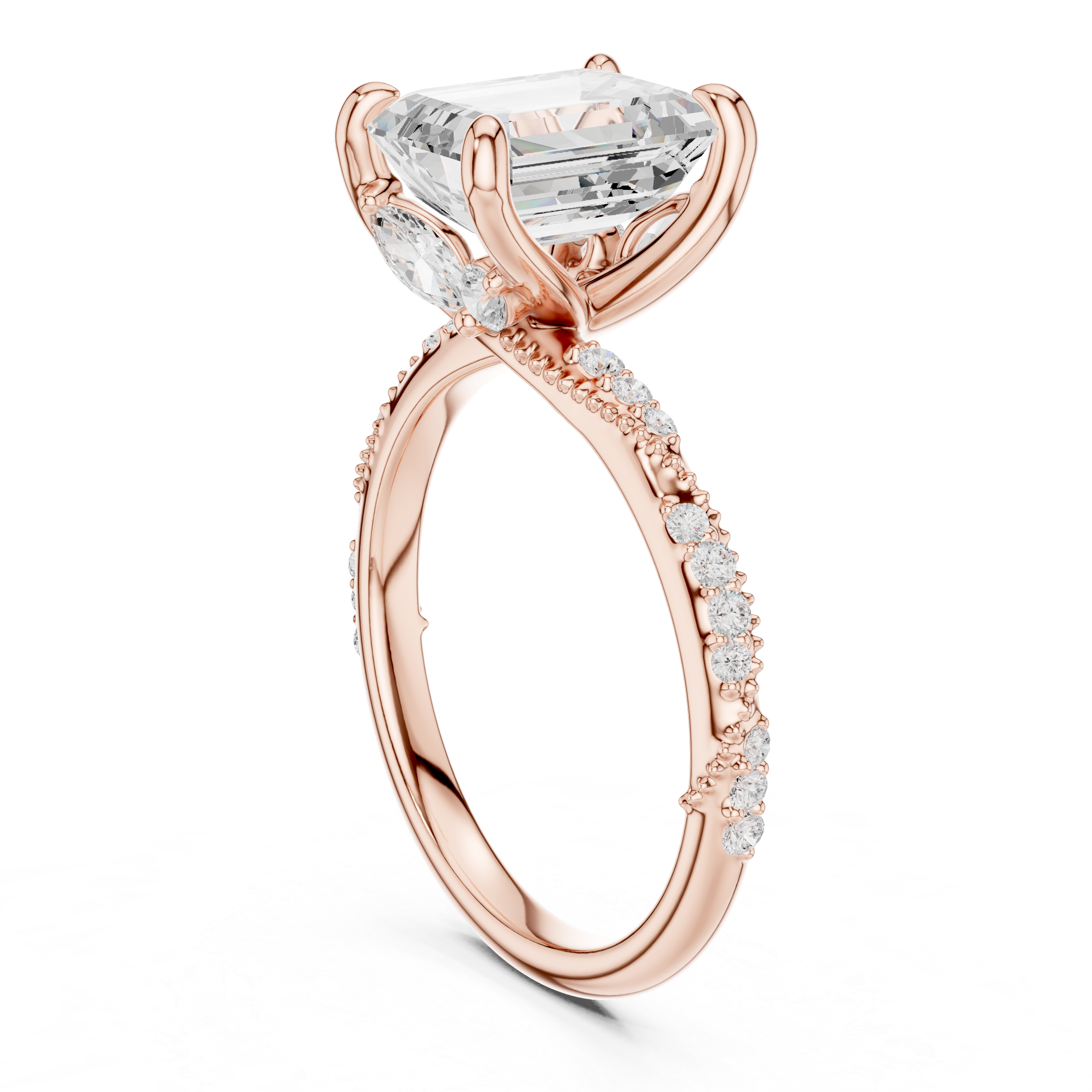Twisted Pavé Emerald Cut Engagement Ring with Marquise Diamond Accents