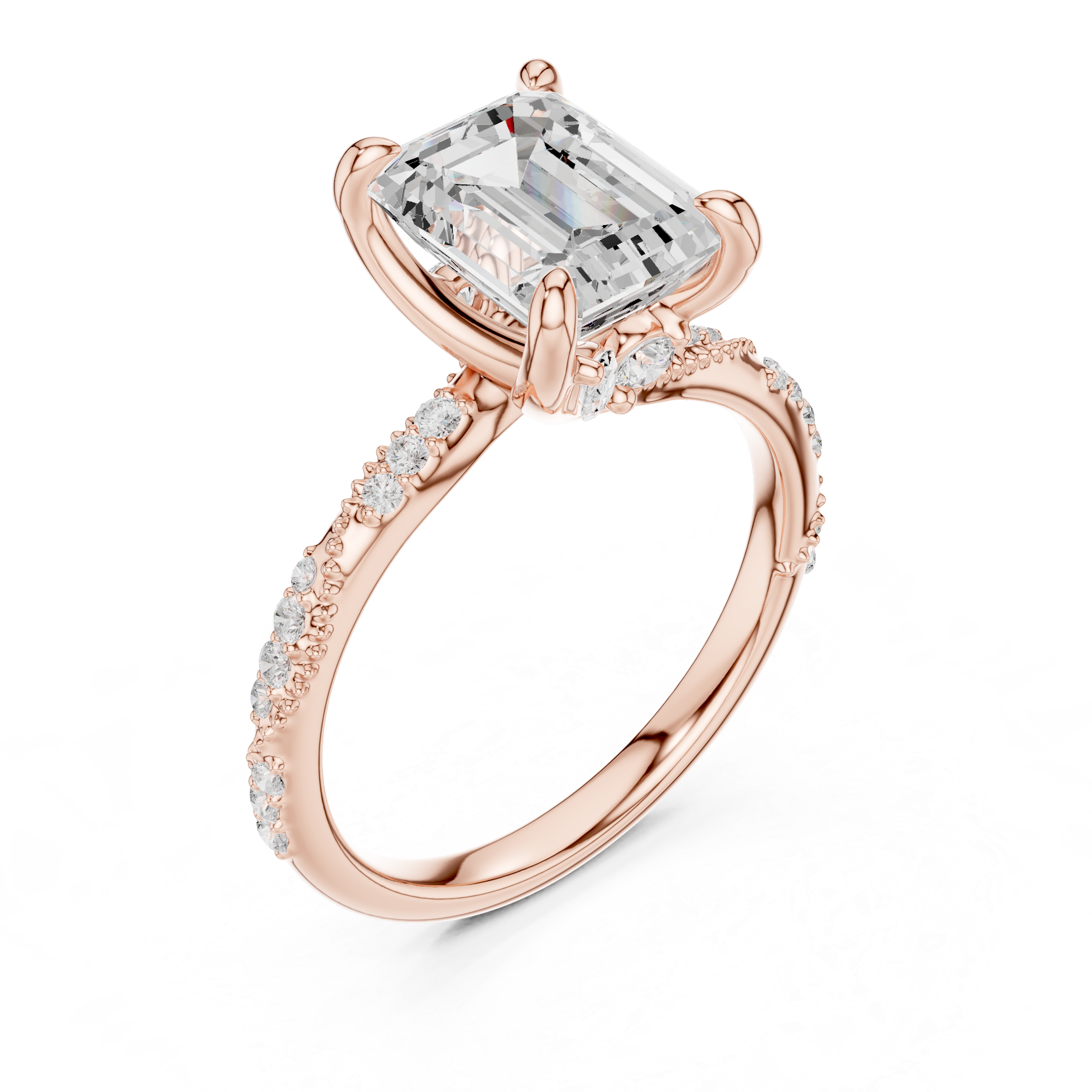Twisted Pavé Emerald Cut Engagement Ring with Marquise Diamond Accents