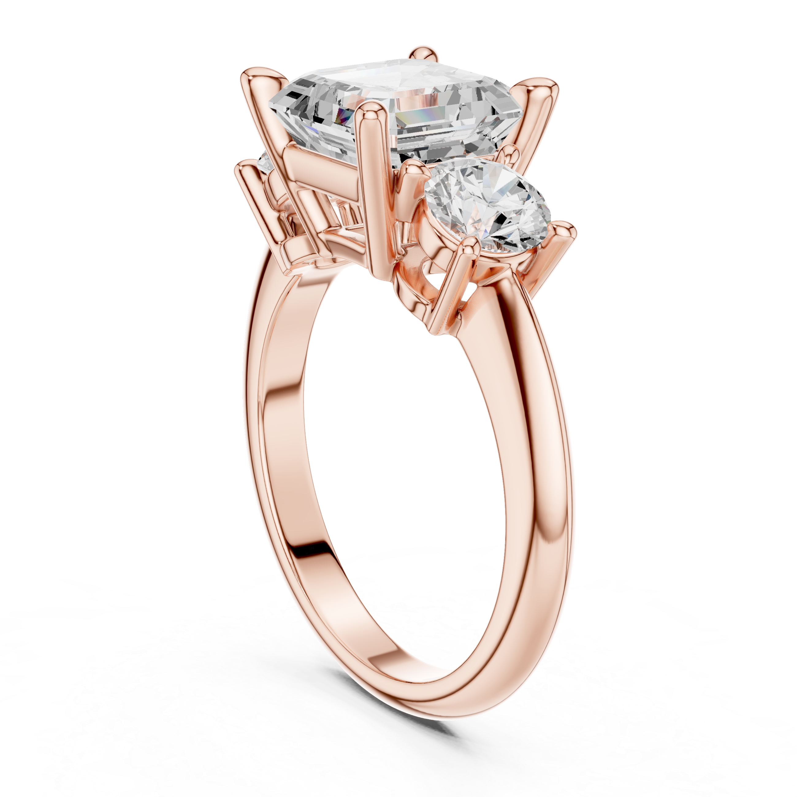 Asscher Cut Three Stone Engagement Ring with Round Diamond Side Stones
