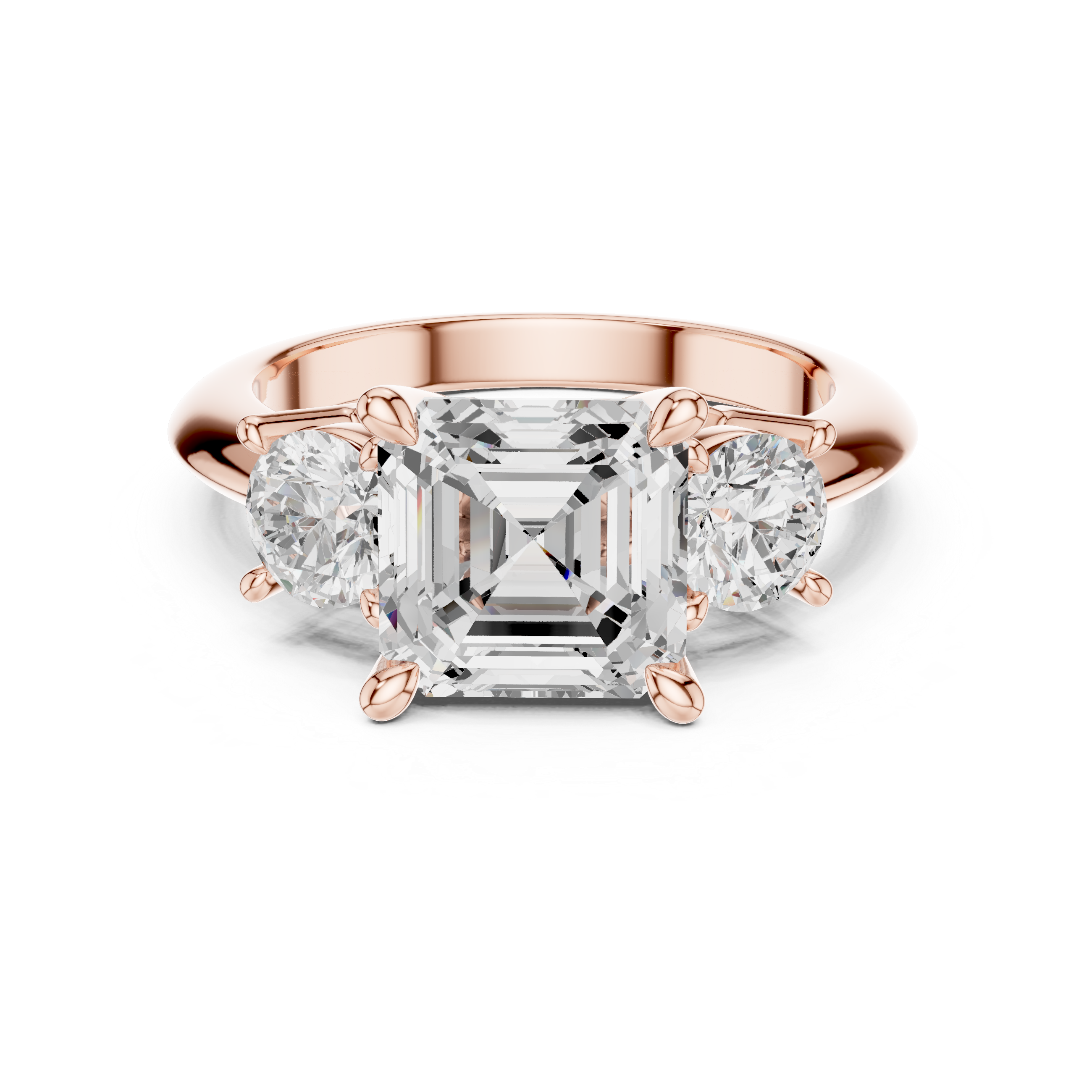 Asscher Cut Three Stone Engagement Ring with Round Diamond Side Stones