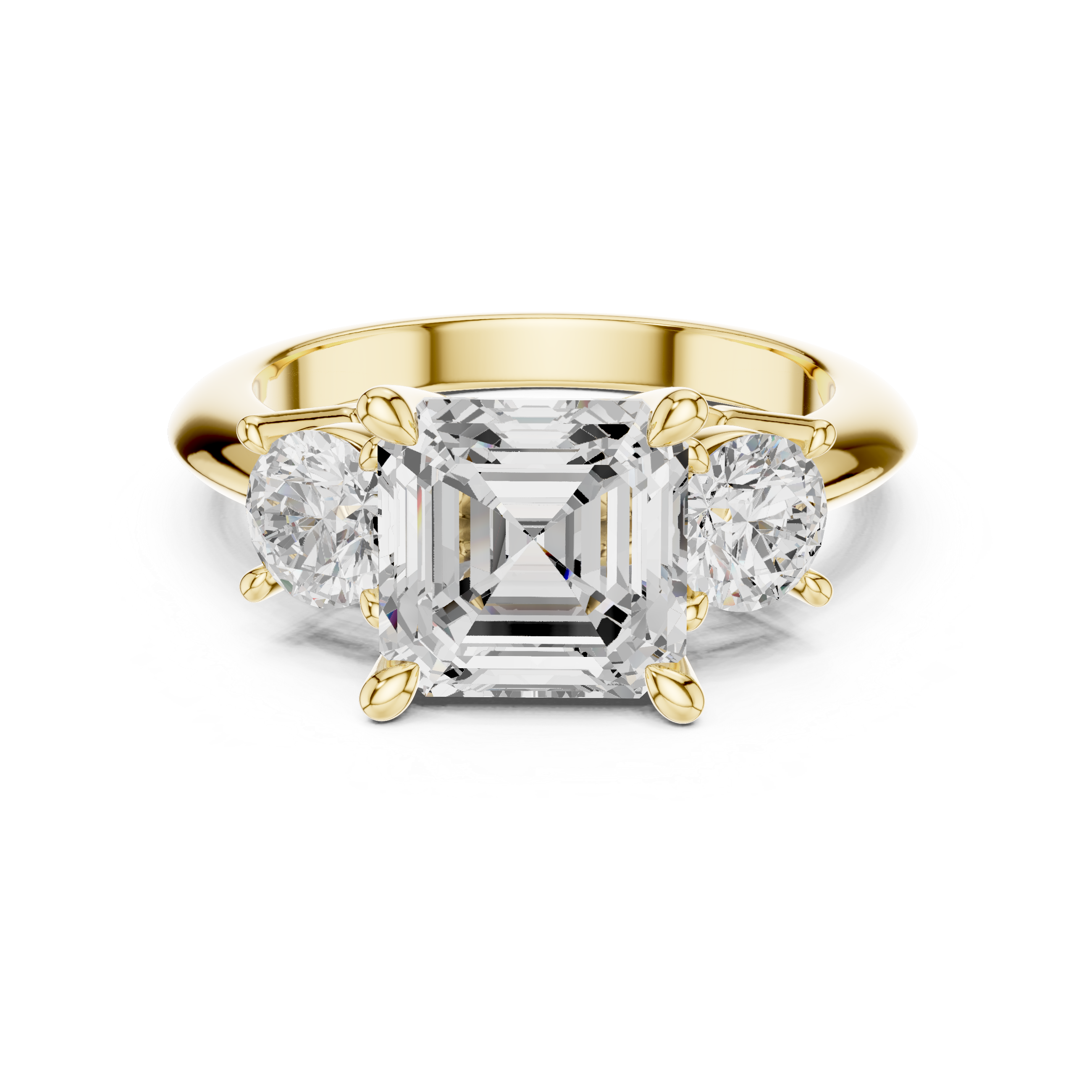 Asscher Cut Three Stone Engagement Ring with Round Diamond Side Stones